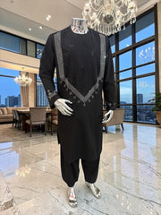 Large Afghan Parahan Tunban for Men – Black with Silver Shesha