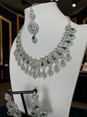 Luxury Silver Tone Emerald Green Crystal Bridal Jewelry Set | Statement Necklace, Earrings & Maang Tikka | Wedding Jewelry with Black Gift Box 6030
