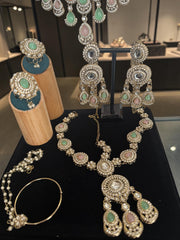 Pastel Pink & Mint Green Kundan Half Bridal Jewelry Set – 6-Piece Necklace, Earrings, Sheeshphool, Nath & Adjustable Rings 6061