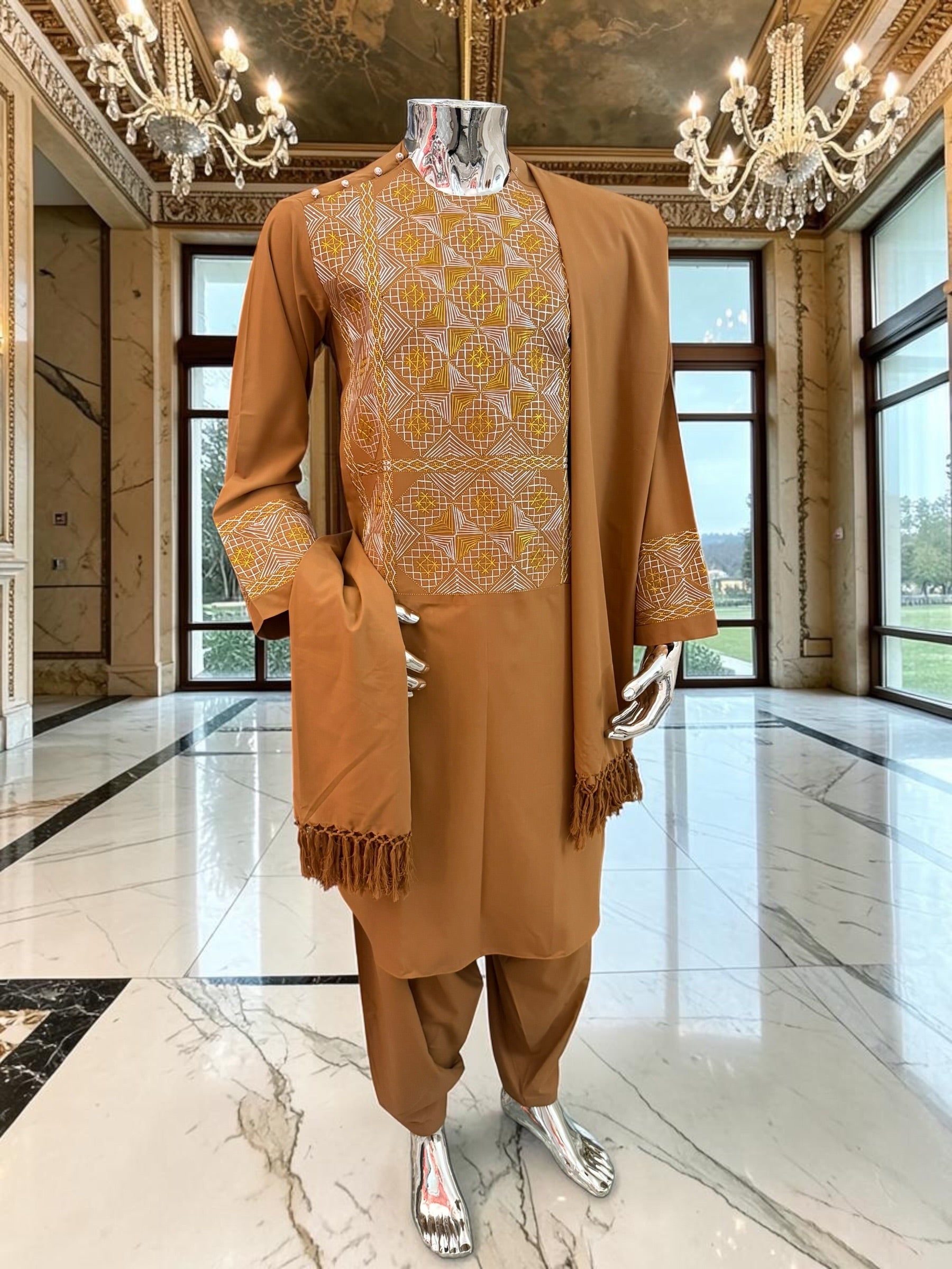 Medium Mens Afghan Parahan Tunban Set – Caramel Brown Premium Embroidered Traditional Outfit with Matching Chadder/patto