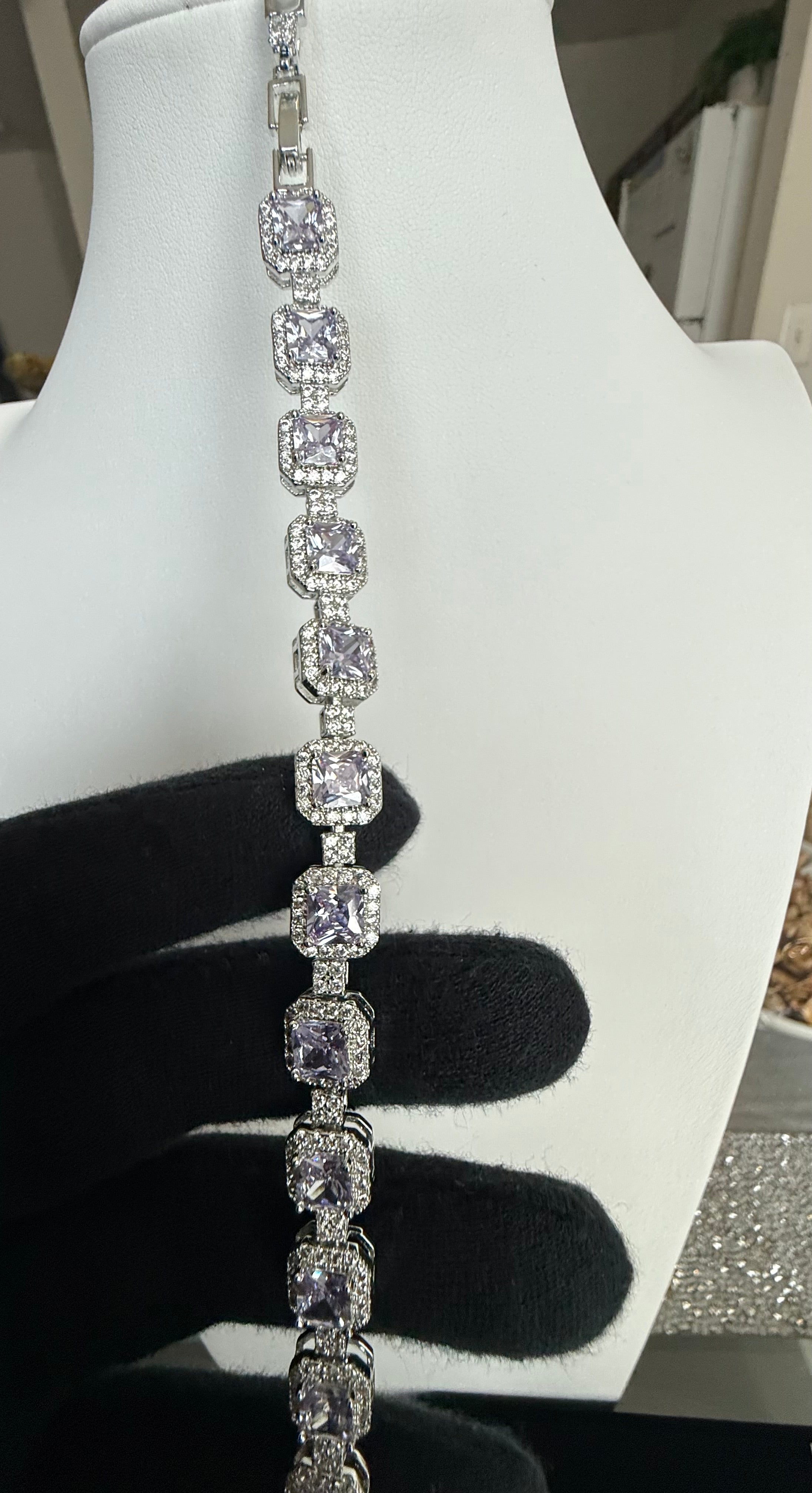 Lavender Purple Cushion-Cut Crystal Halo Tennis Bracelet – Silver Tone Statement Jewelry 7093