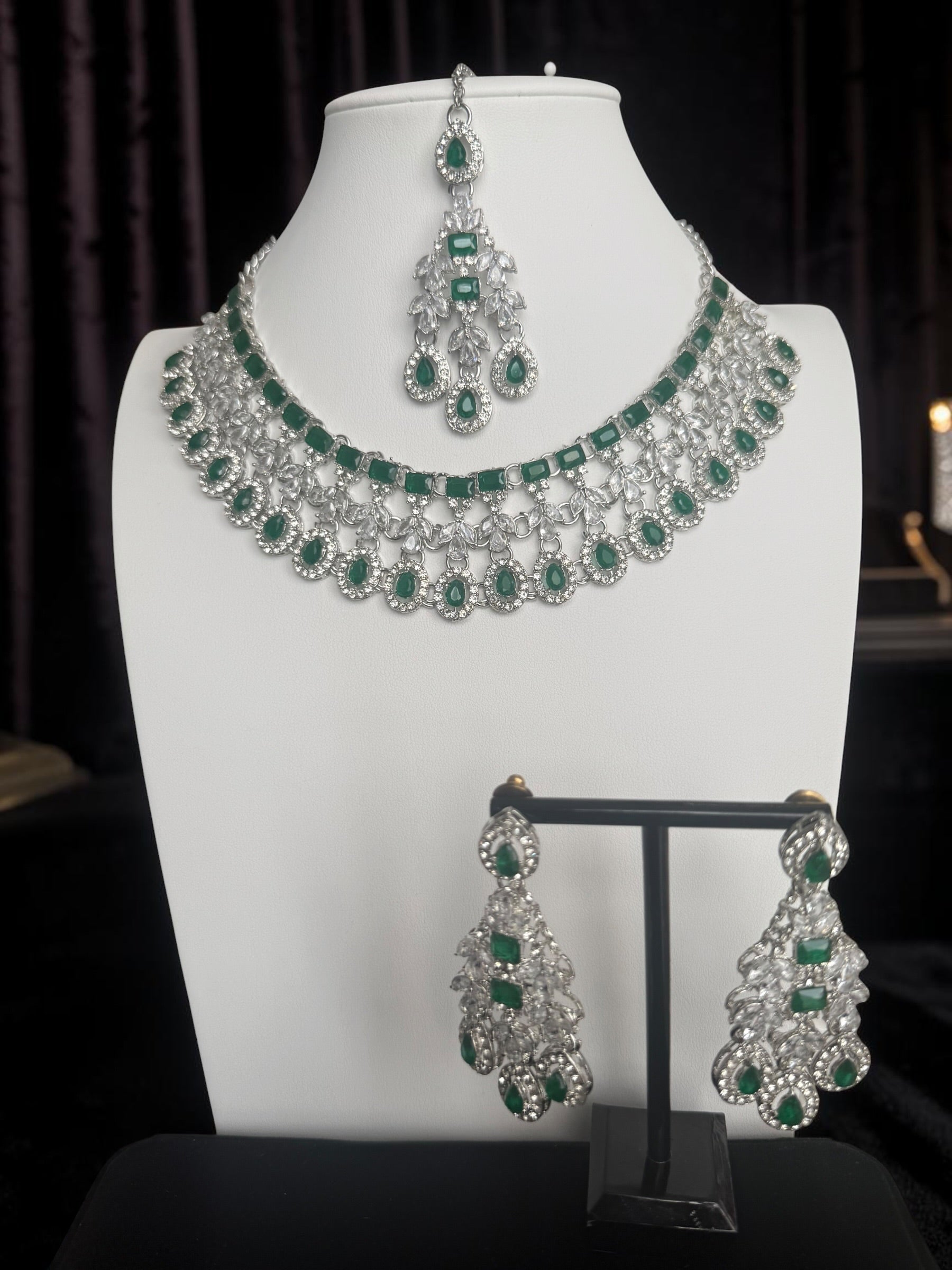 Silver-Tone AD Bridal Necklace Set with Earrings & Maang Tikka – 8 Colors