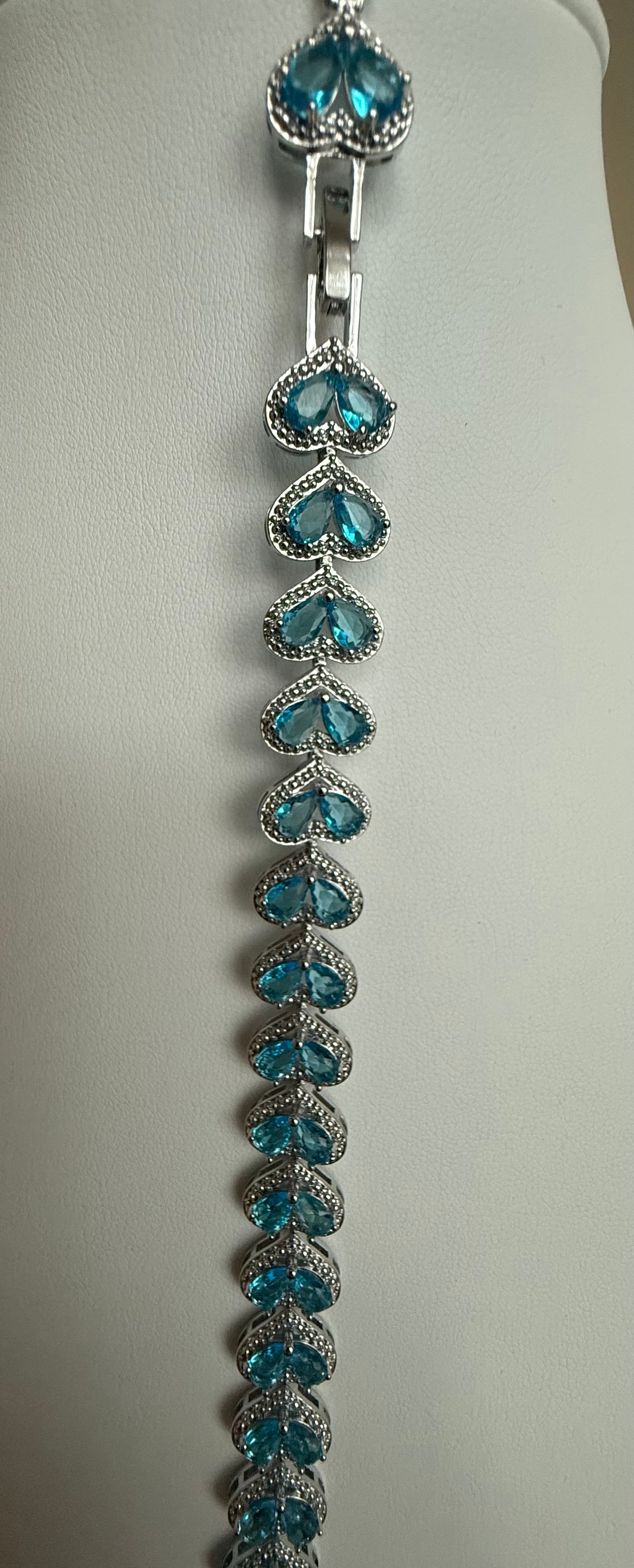 Aqua Blue Crystal Heart Bracelet – Silver Tone Sparkling Heart Link Bracelet, Gift Ready 7079