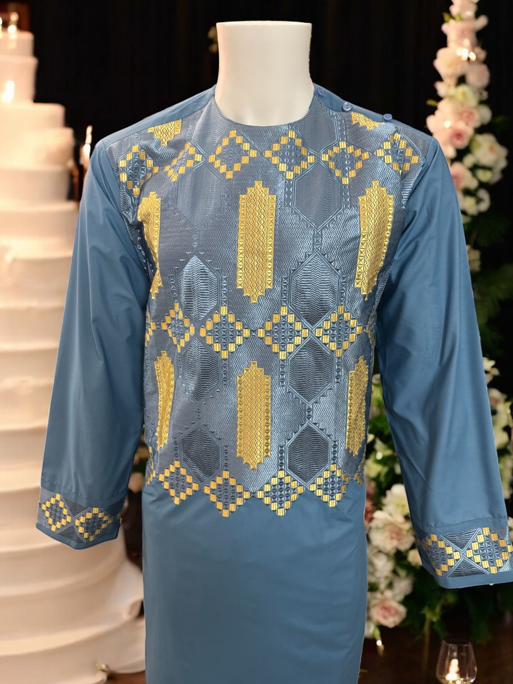 Afghan Parahan Tunban with Machine Khamakdozi Embroidery – Steel Blue Gold – Medium