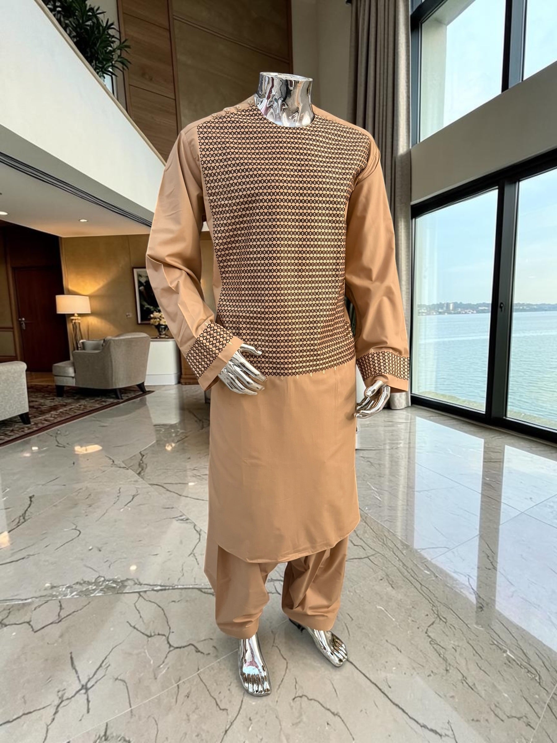 XL Peach Afghan Parahan Tunban with Machine Embroidery