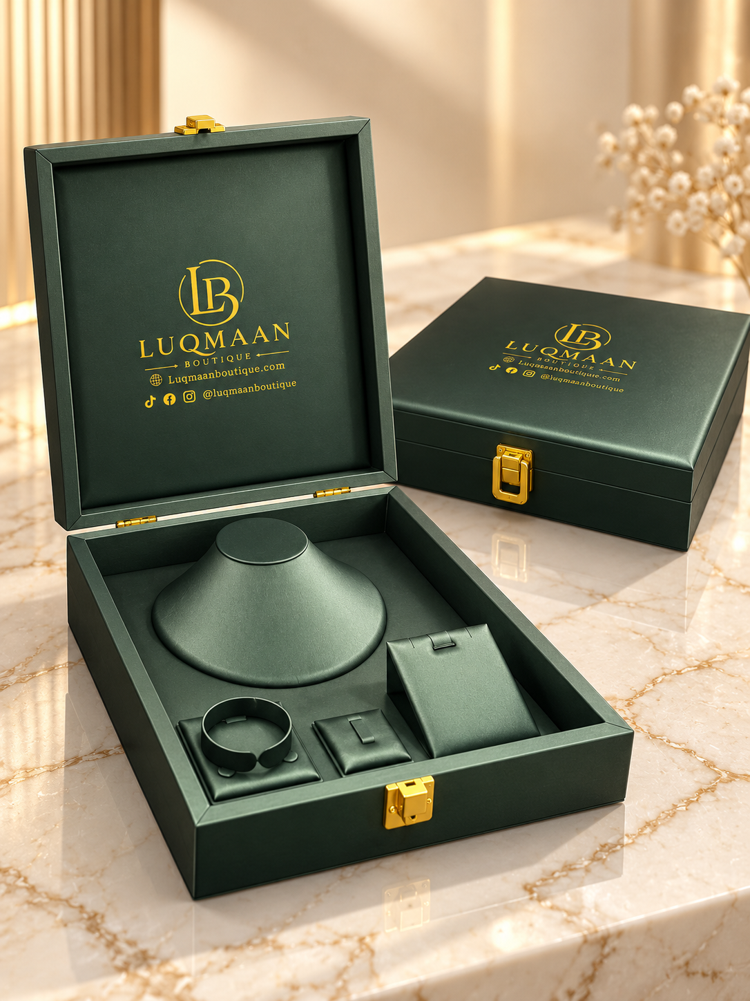 Luqmaan Jewelry Display & Gift Box with Matching Inserts – 5 Colors – 12 × 10 × 2.75 Inches