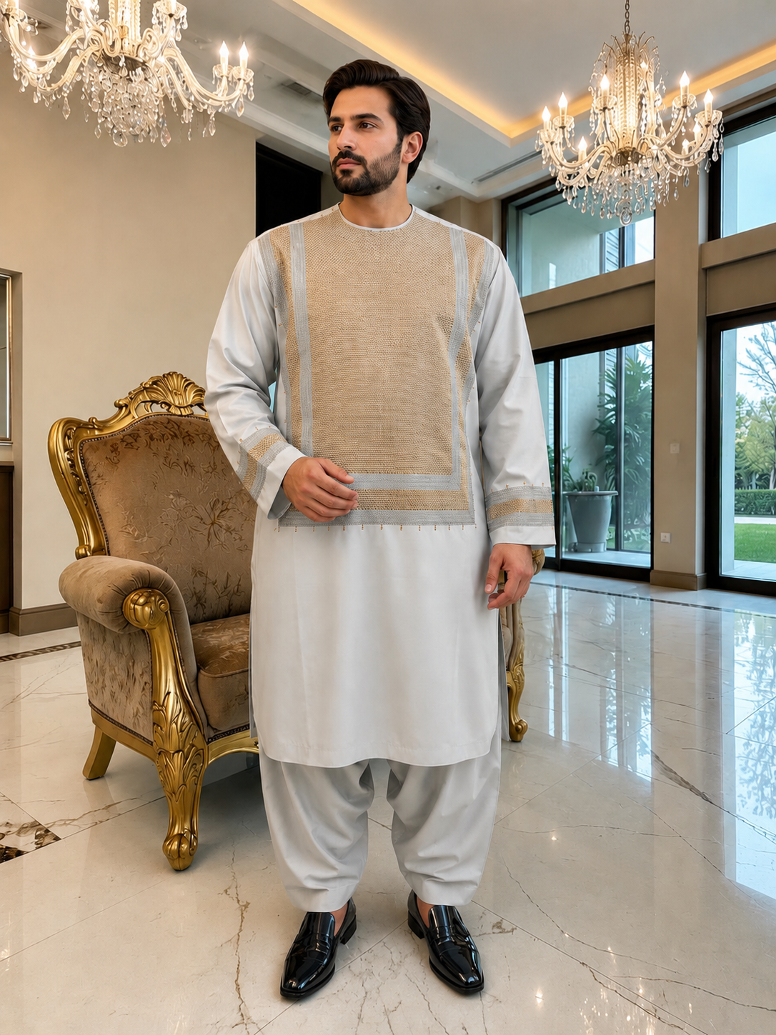X-Large Blue-Gray Afghan Shalwar Kameez with Bronze Embroidery Yakhandozi | Luxury Men’s Traditional Wear
