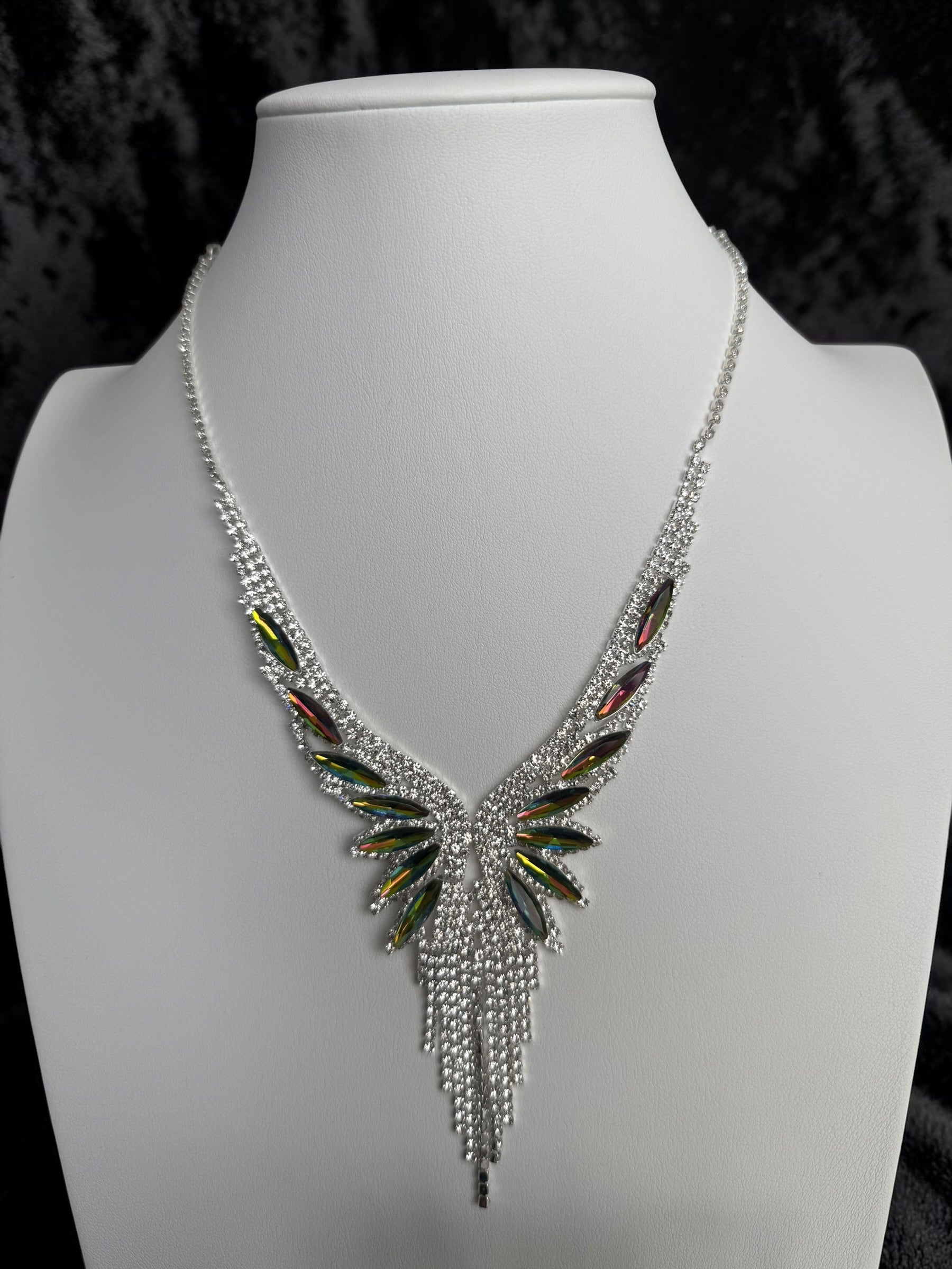 Crystal Rhinestone Statement Necklace & Earrings Set – Silver-Tone Leaf Design with Tassel, 7 Color Options, Jewelry Box Included
