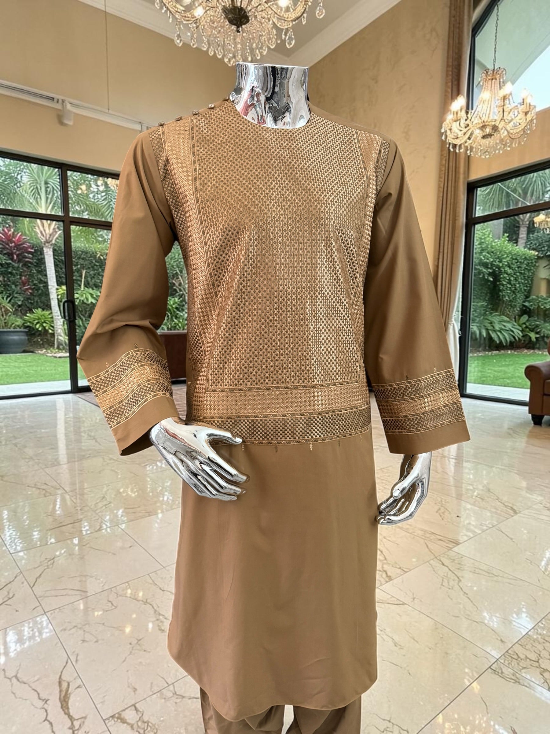 Medium Men’s Premium Camel Brown Parahan Tunban – Luxury Machine Embroidery Afghan Outfit