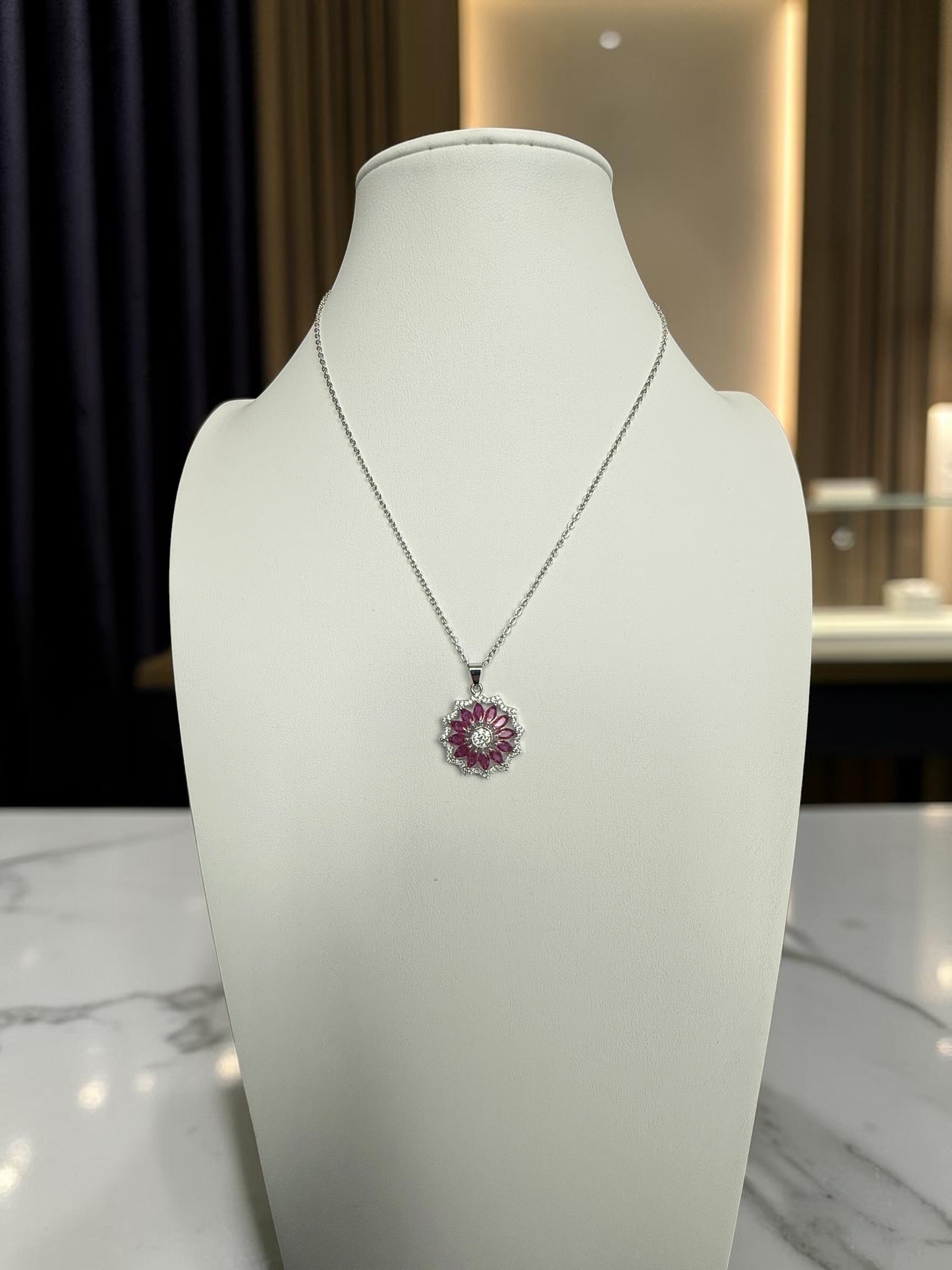 Pink Crystal Floral Pendant Necklace – Silver Tone Flower Statement Necklace with Gift Box 7157