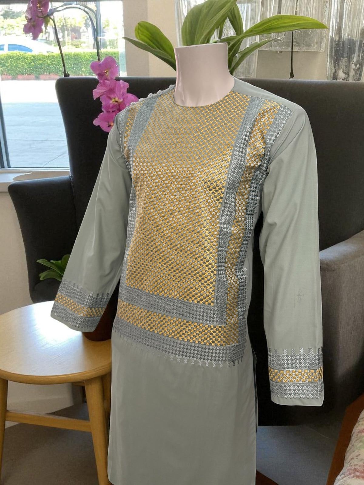 Men’s Sage Green Kameez with Gold and Silver Geometric Machine Embroidery | Large Size