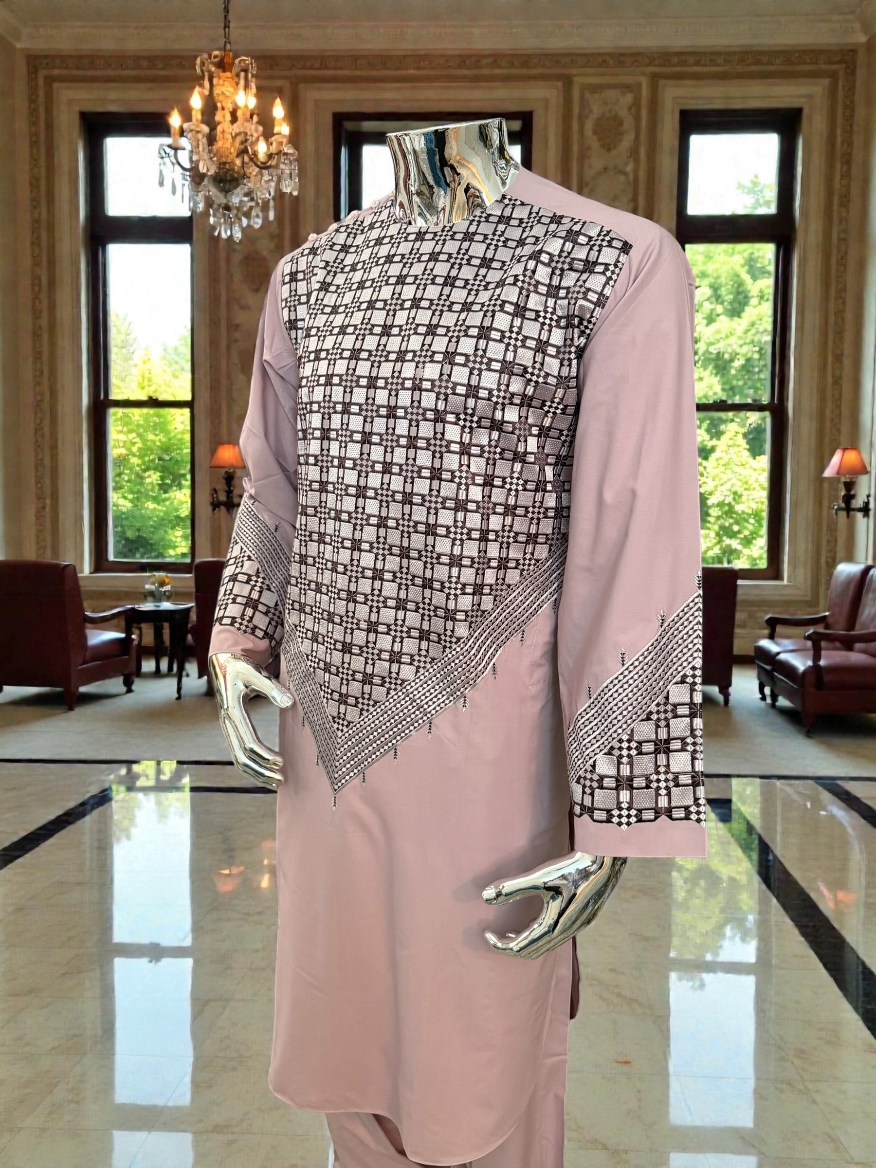Small Men’s Dusty Rose Parahan Tumban with Black and Silver Geometric Embroidery – Afghan Traditional Outfit
