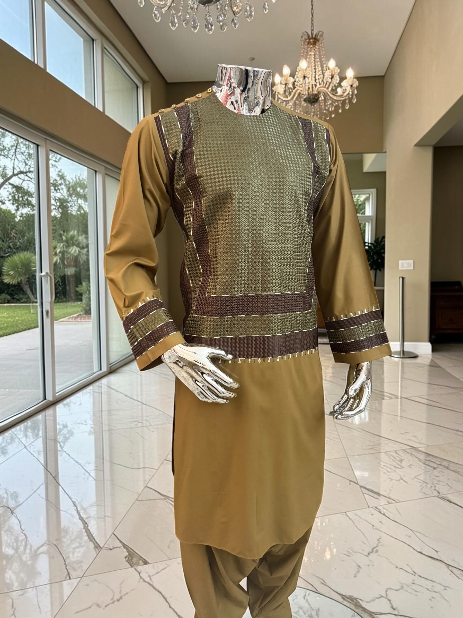 Small Men’s Henna Green Color Afghan Parahan Tunban Set with Premium Machine Embroidery