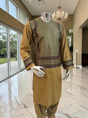 Small Men’s Henna Green Color Afghan Parahan Tunban Set with Premium Machine Embroidery