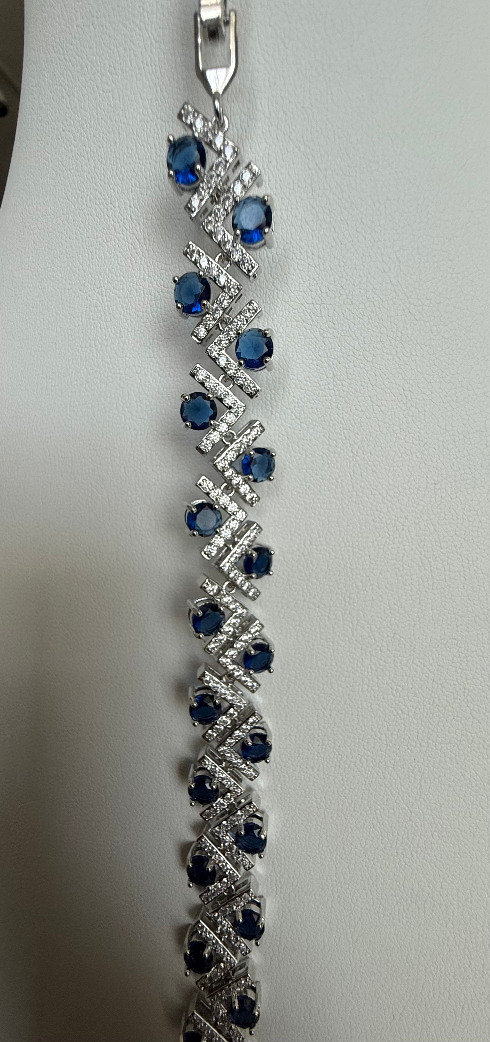 Royal Blue Crystal Geometric Chevron Bracelet – Silver Tone Statement Jewelry 7100