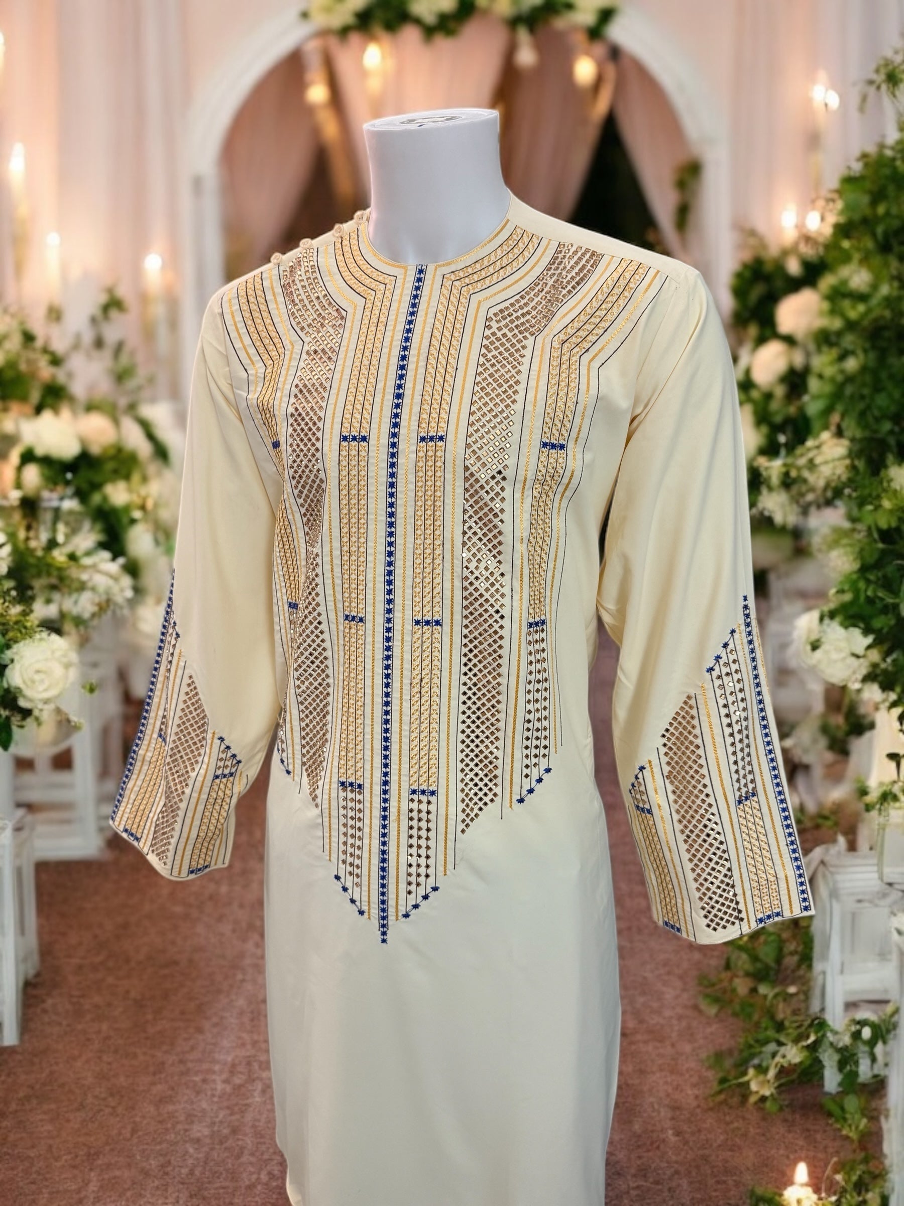 Afghan Parahan Tunban for Men Ivory Gold and Blue Shesha Mirror Work Machine Embroidered Large 2