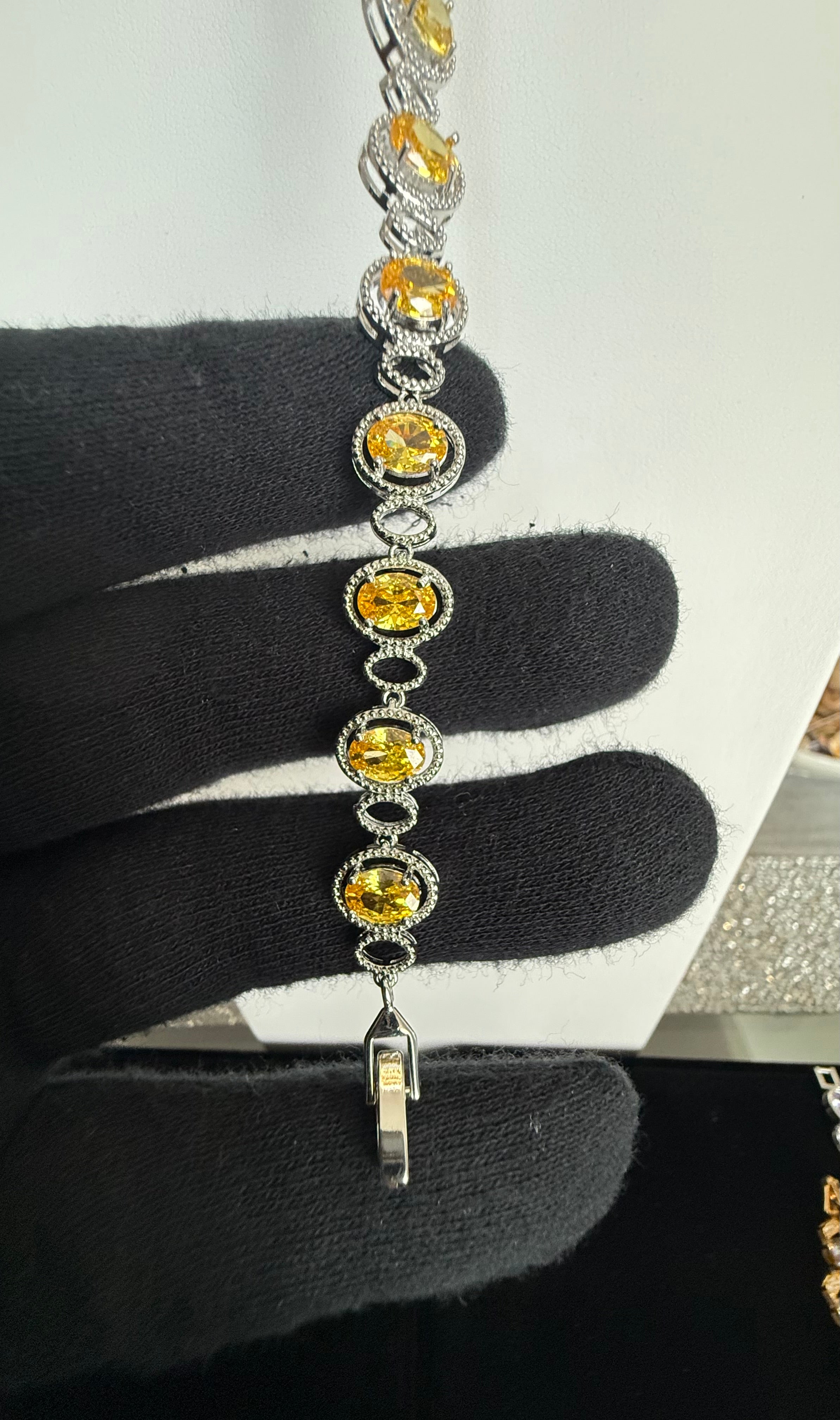 Golden Yellow Oval Crystal Halo Link Bracelet – Silver Tone Statement Bracelet 7095
