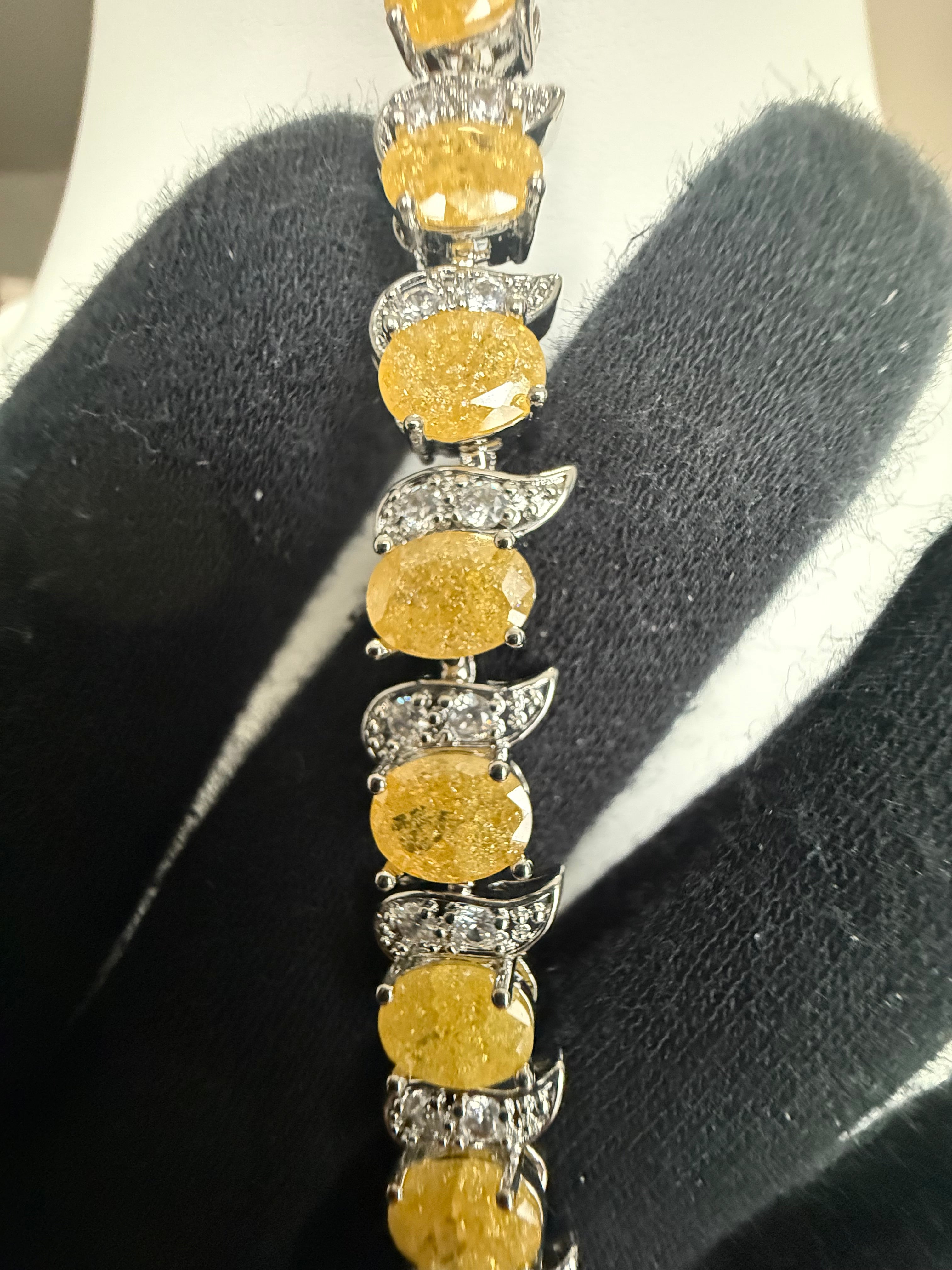 Yellow Crystal Link Bracelet – Silver-Tone Oval Stone & Pavé Swirl Bracelet for Women 7124