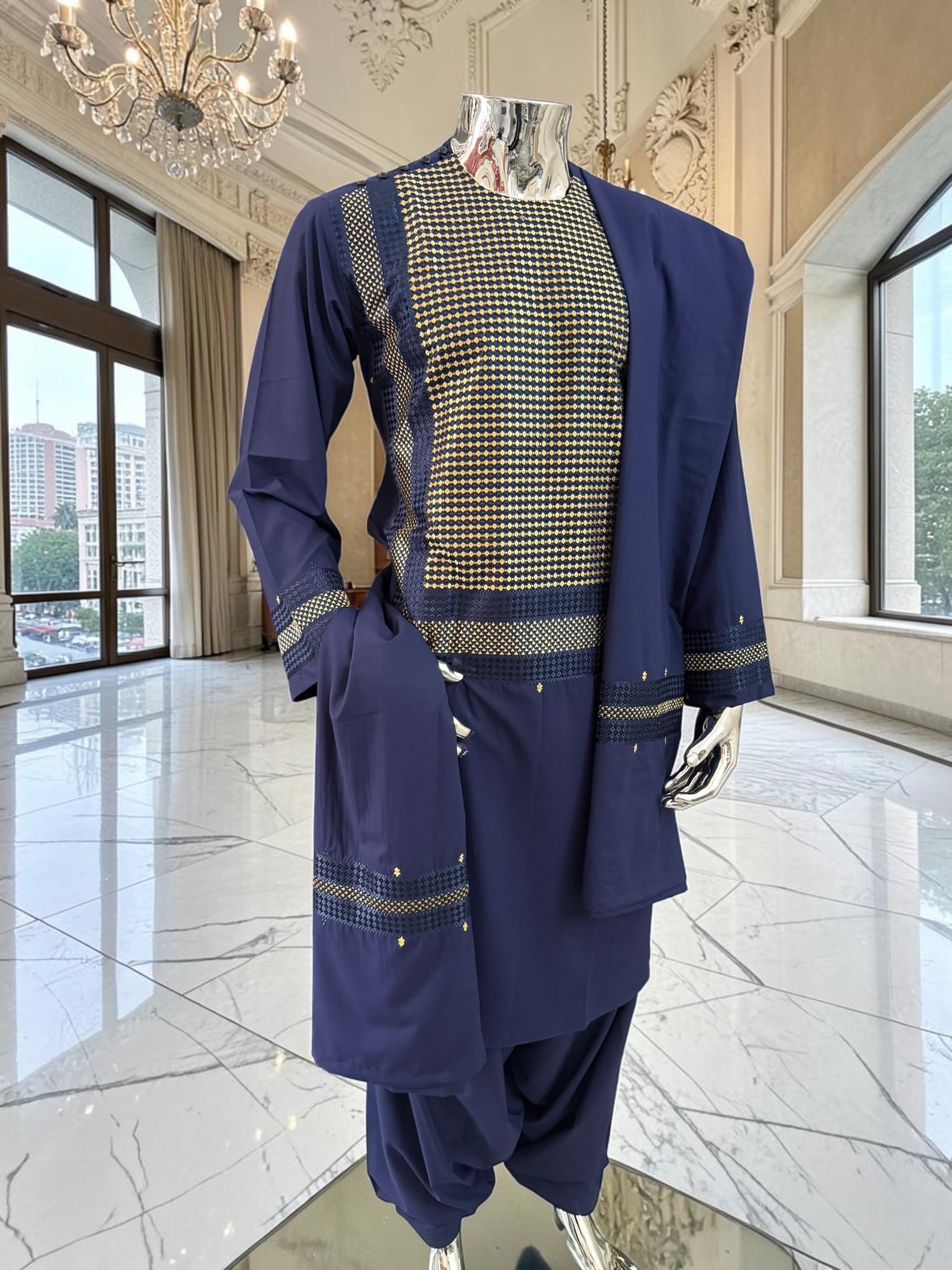 Small Premium Navy Blue Parahan Tunban Set with Gold Machine Embroidery Pattu/chadder