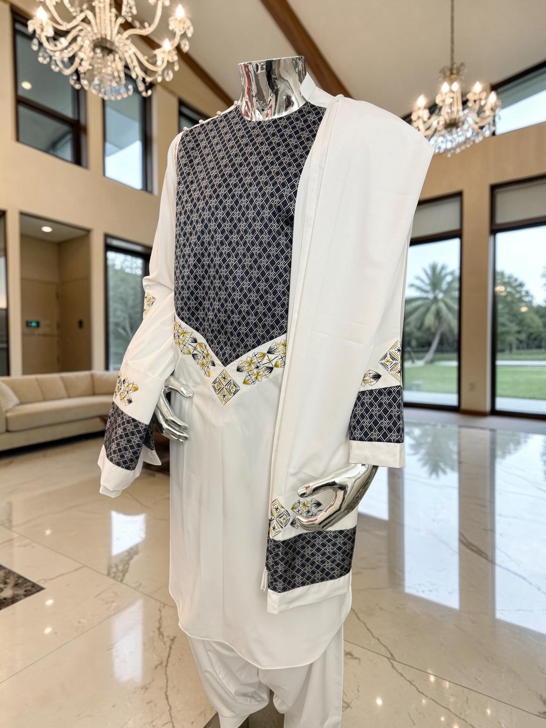 Small Off White Afghan Parahan Tunban Set – Premium Hand Embroidery Traditional Men’s Outfit with Matching Chadder Patto