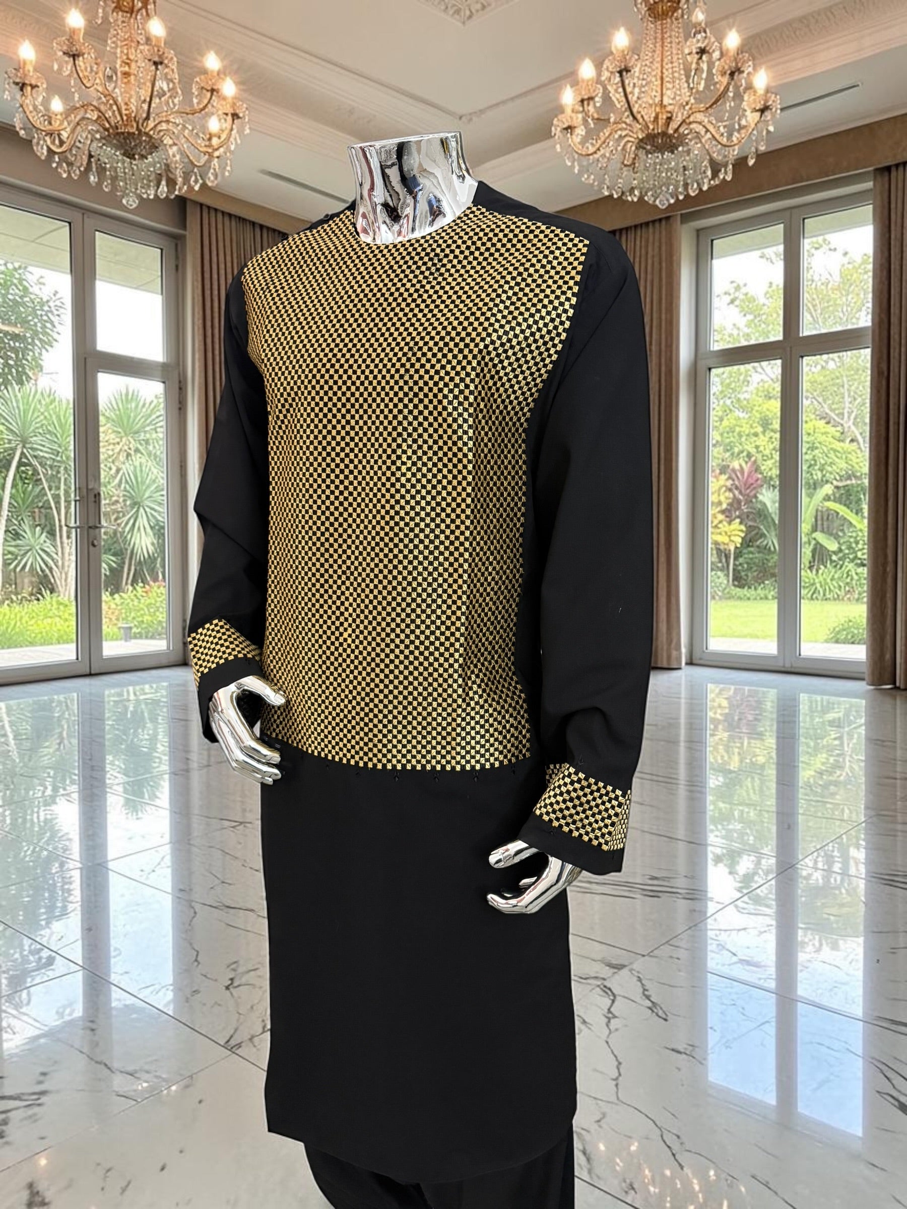 X-Large Afghan Parahan Tunban Kameese Shalwar Black Gold Machine Embroidery
