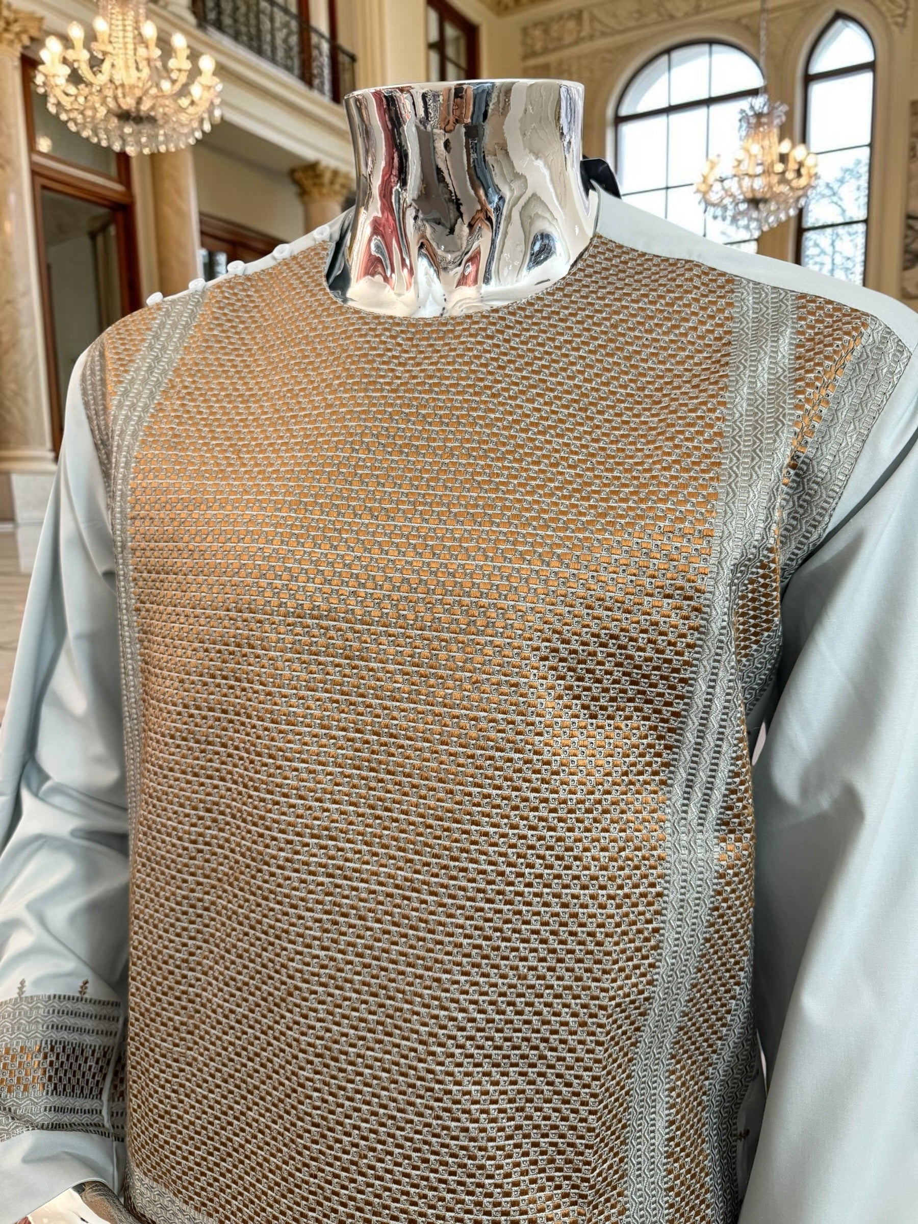 X-Large Blue-Gray Afghan Shalwar Kameez with Bronze Embroidery Yakhandozi | Luxury Men’s Traditional Wear