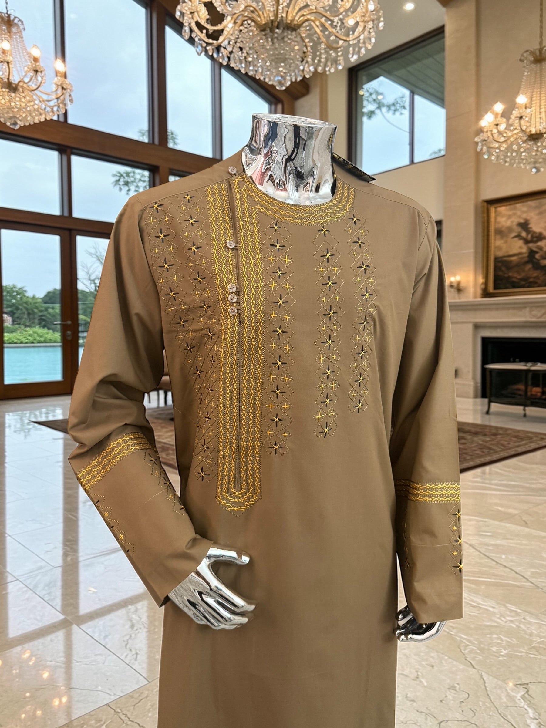 Medium Afghan Parahan Tunban Kameese Shalwar Brown Hand Embroidery