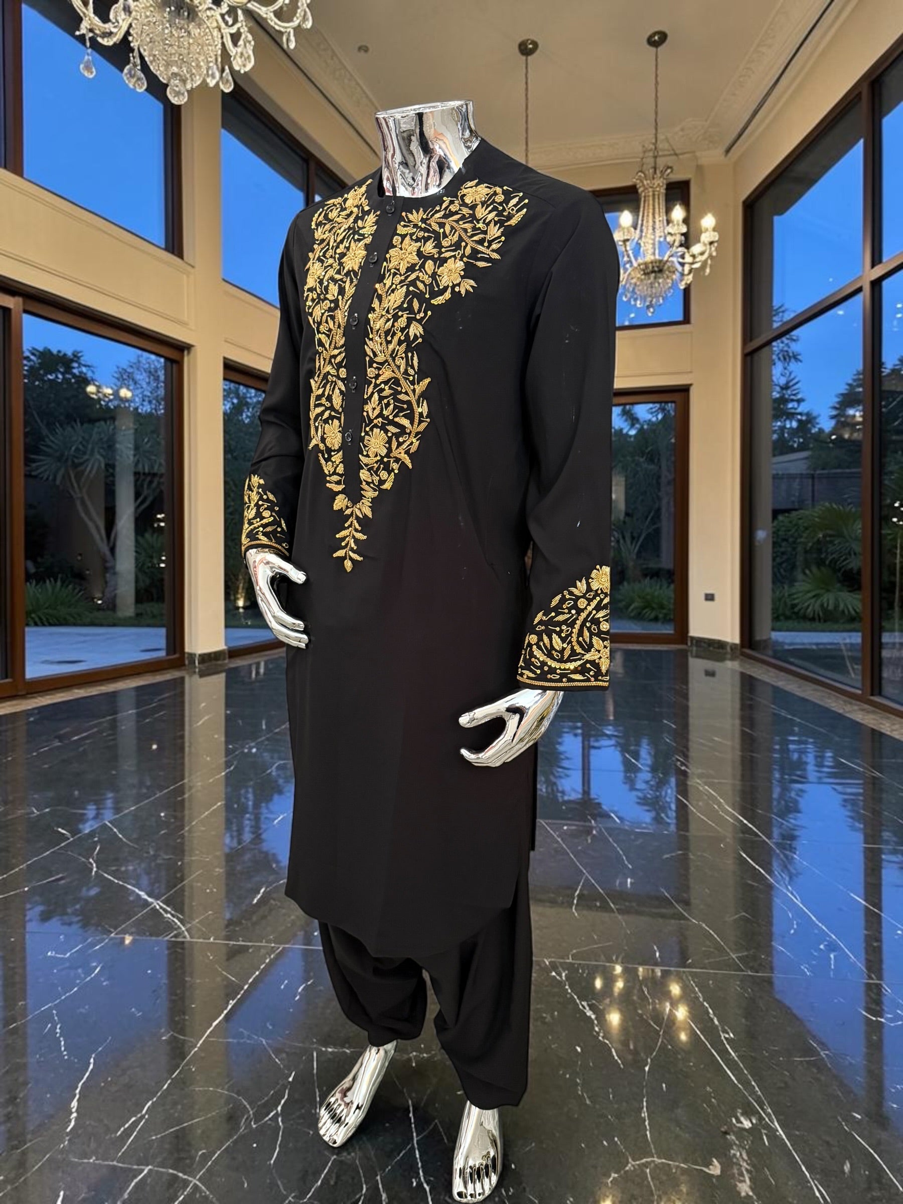 Handmade Afghan Selmadozi Embroidered Men’s Perahan Tunban – Luxury Traditional Formal Outfit – Available in Black, Ivory & White