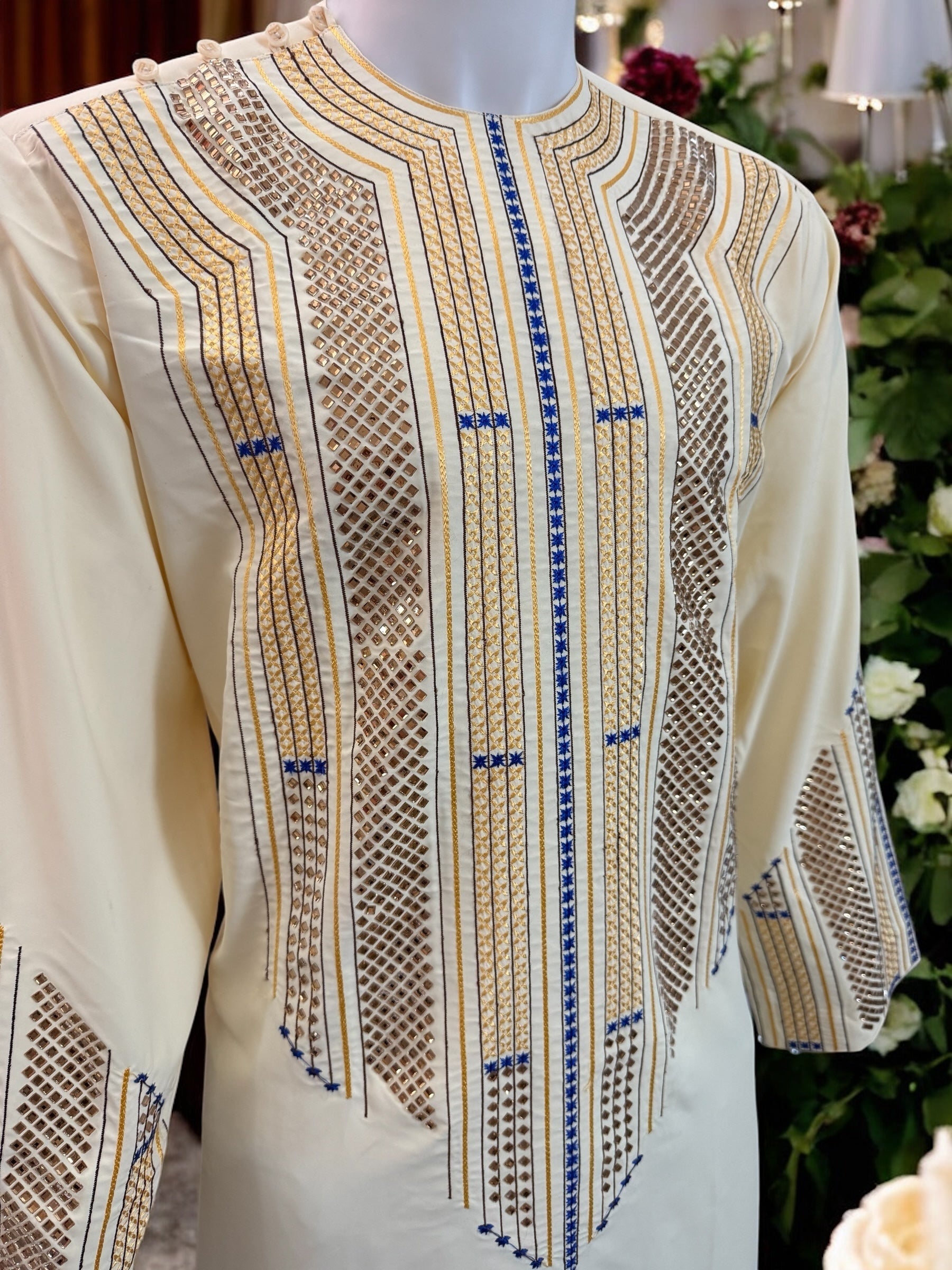 Afghan Parahan Tunban for Men Ivory Gold and Blue Shesha Mirror Work Machine Embroidered Large 2