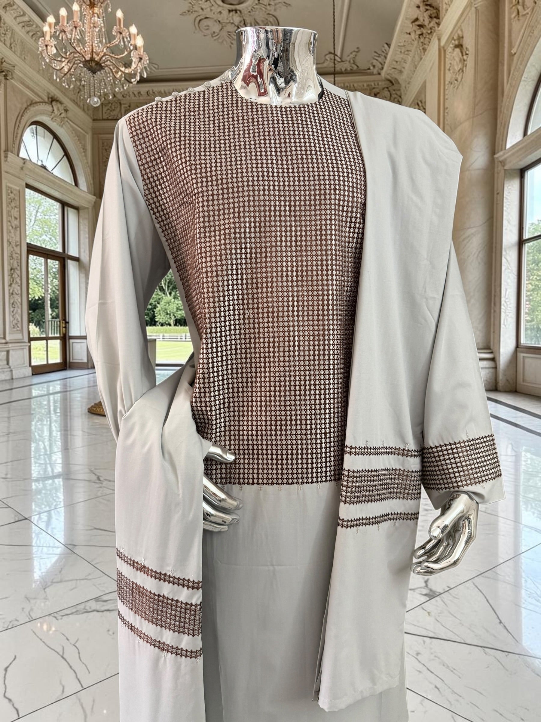 X-Large Premium Gray Parahan Tunban Set with Brown Machine Embroidery