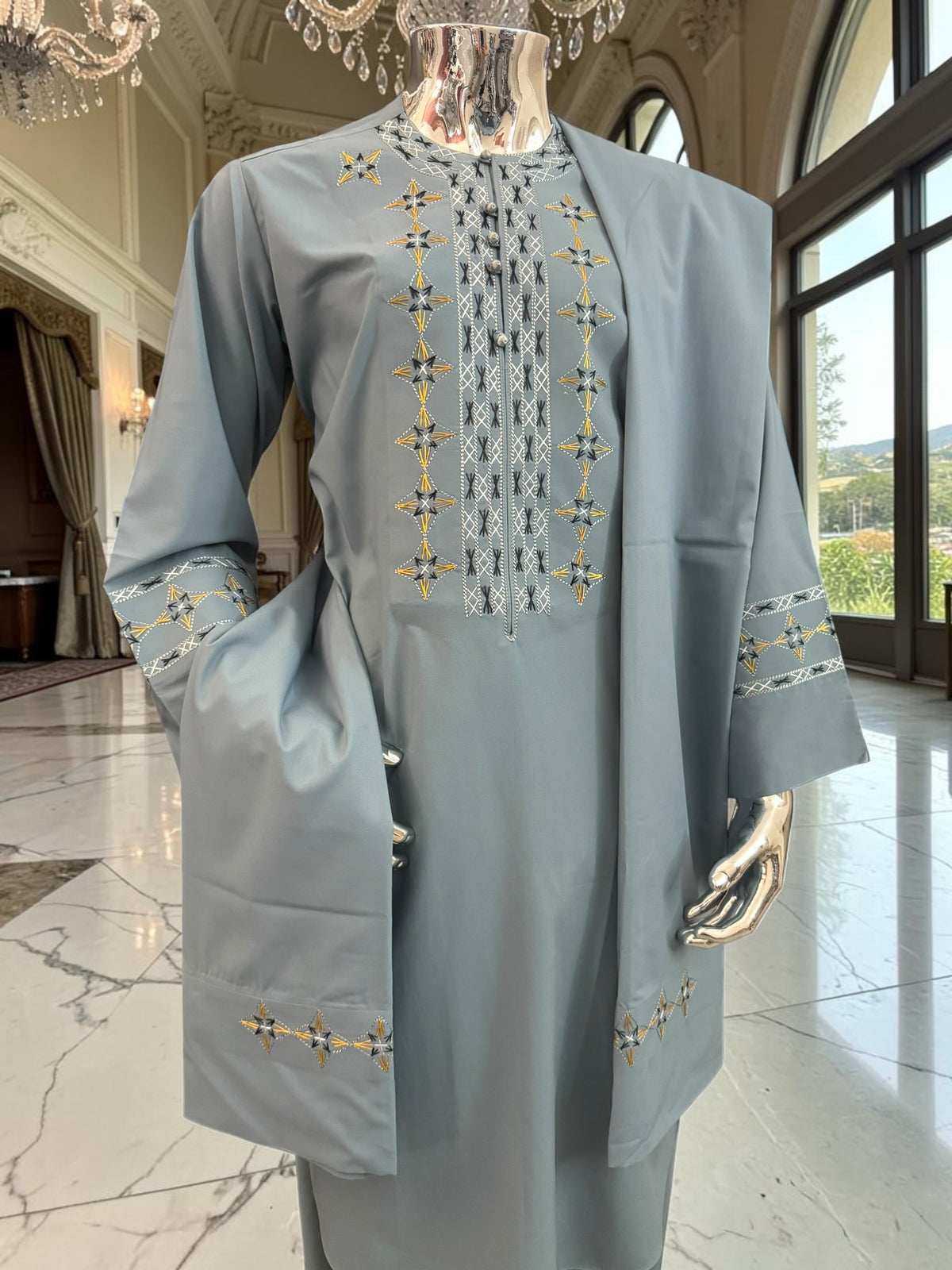 Small Grayish Blue Afghan Men’s Parahan Tunban Set – Premium Embroidered Traditional Outfit with chadder/patto