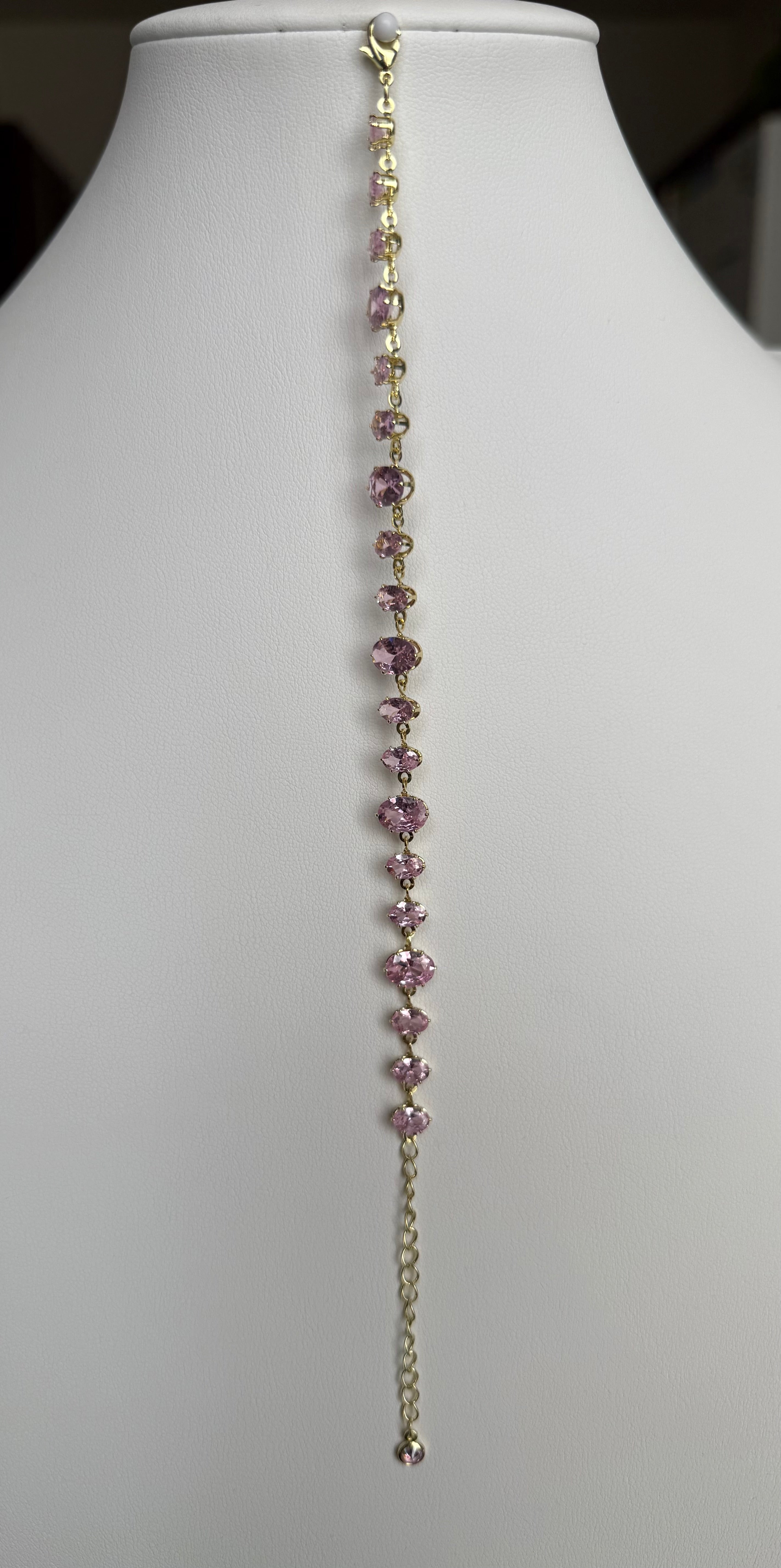 Pink Oval-Cut Crystal Tennis Bracelet – Gold Tone Adjustable Statement Bracelet 7142