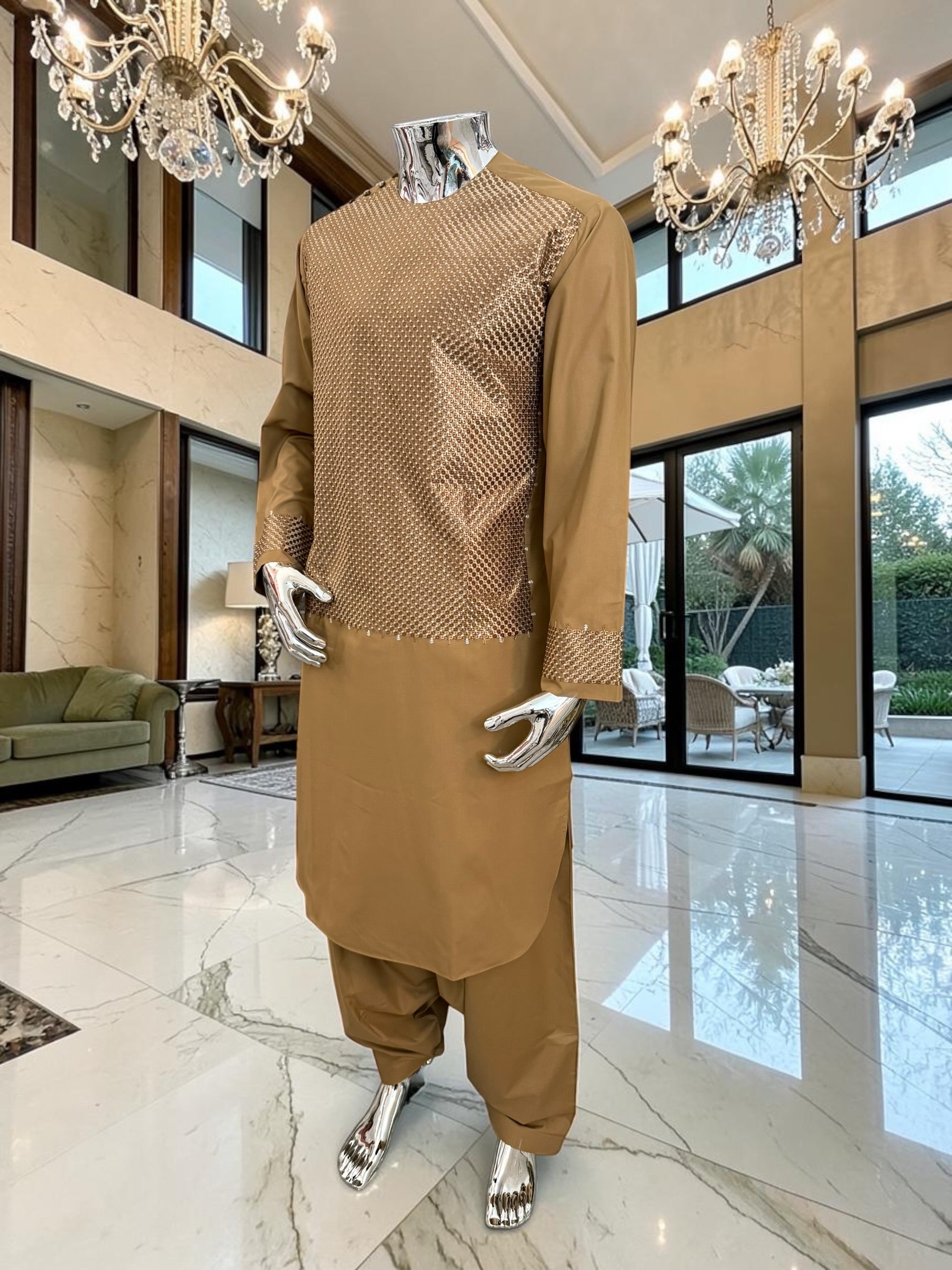 Large Honey Brown Afghan Parahan Tumban with Matching Khamak-Style Machine Embroidery – Men’s Traditional Wear