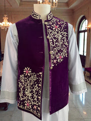 Medium Purple Velvet Men’s Waistcoat – Hand-Embroidered Zari, Dabka & Stonework Medium