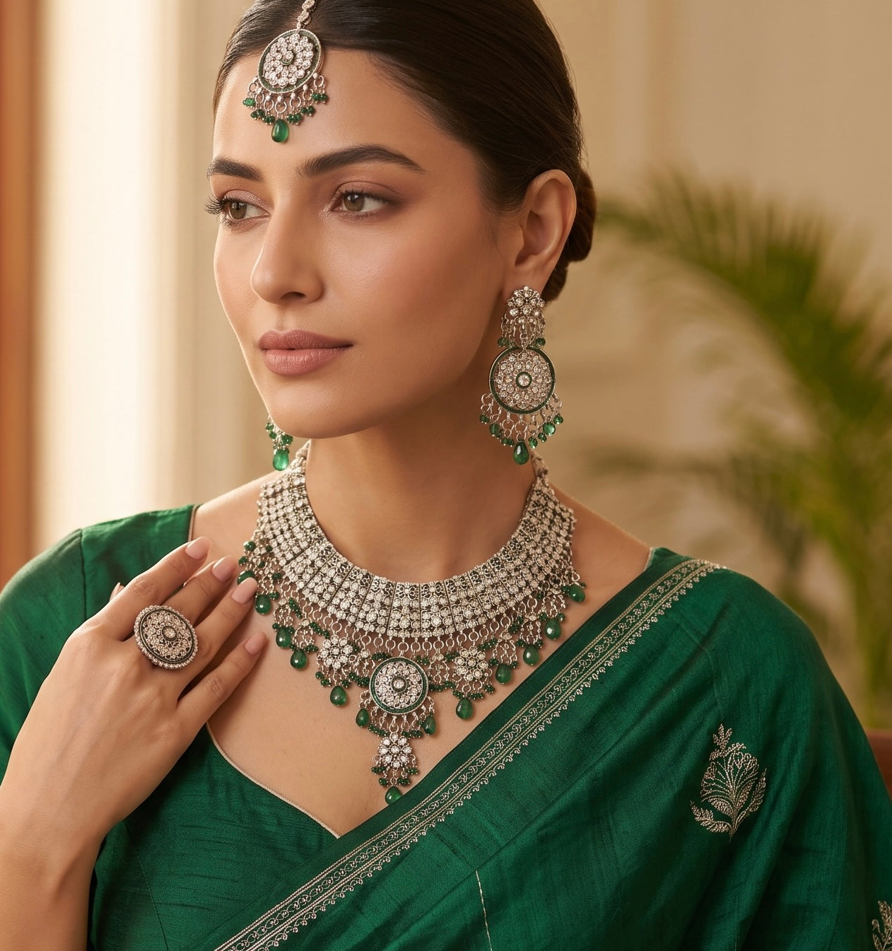 Emerald Green & Silver Kundan Style Bridal Jewelry Set with Necklace, Earrings & Maang Tikka | Indian Pakistani Afghan Wedding Jewelry | Gift Box Included 7008