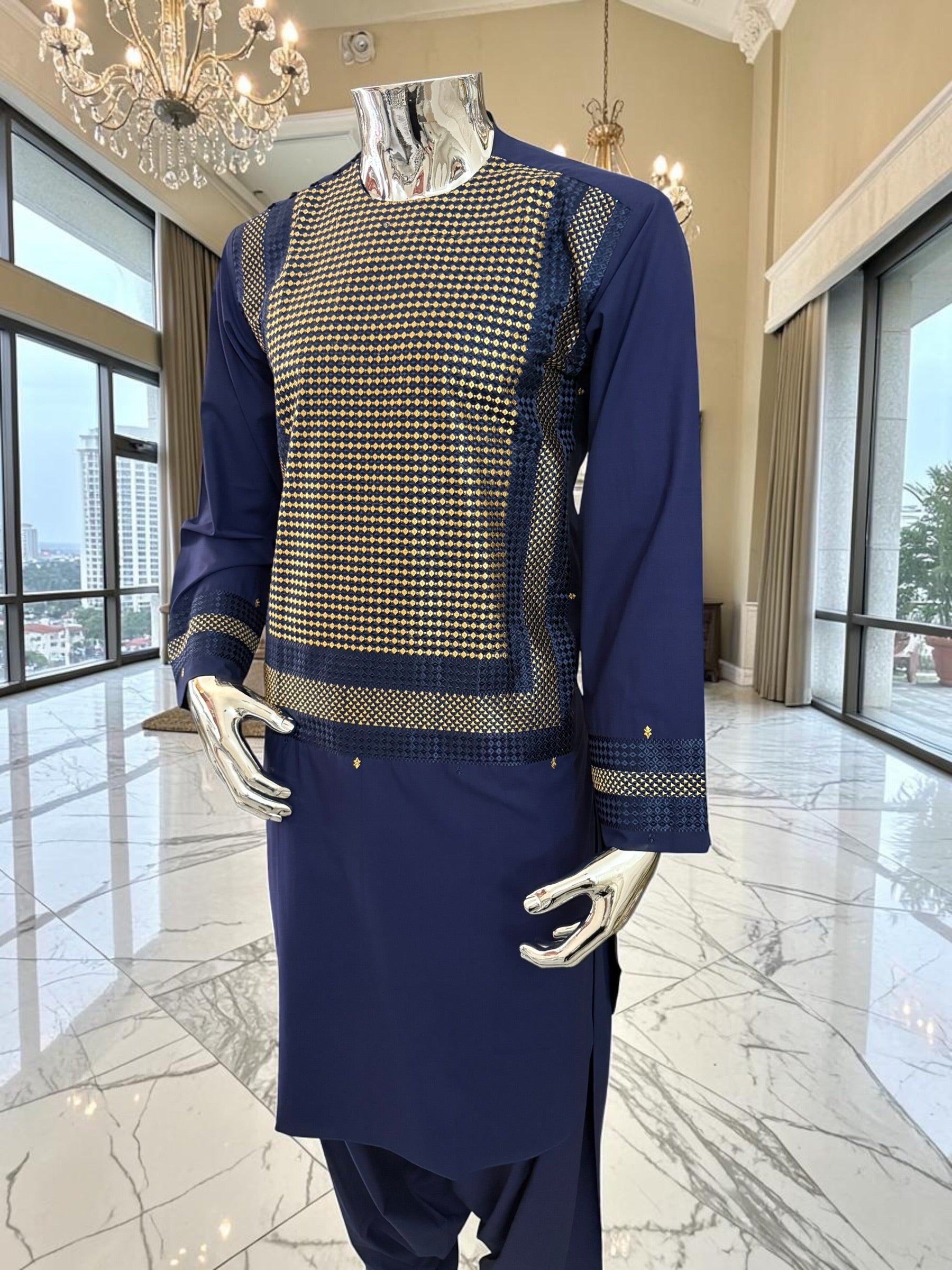 Small Premium Navy Blue Parahan Tunban Set with Gold Machine Embroidery Pattu/chadder