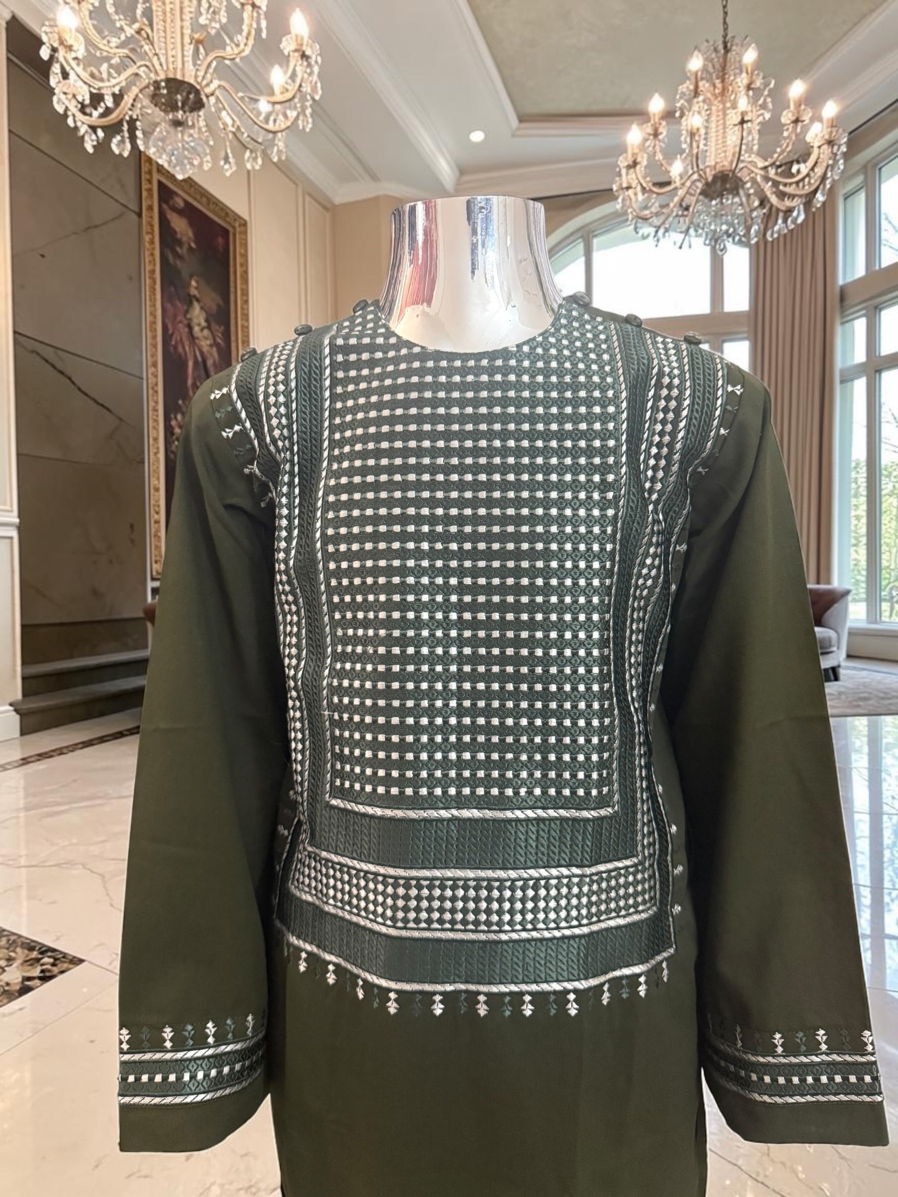 Kids Afghan Parahan Tunban (Shalwar Kameez) – Olive Green Embroidered Traditional Outfit for Boys Design #24