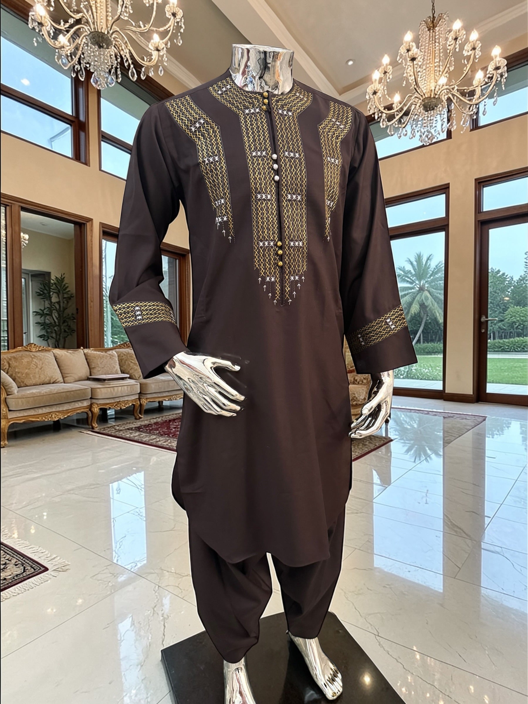 Hand Embroidered Afghan Parahan Tunban – Brown, Small to Extra Small