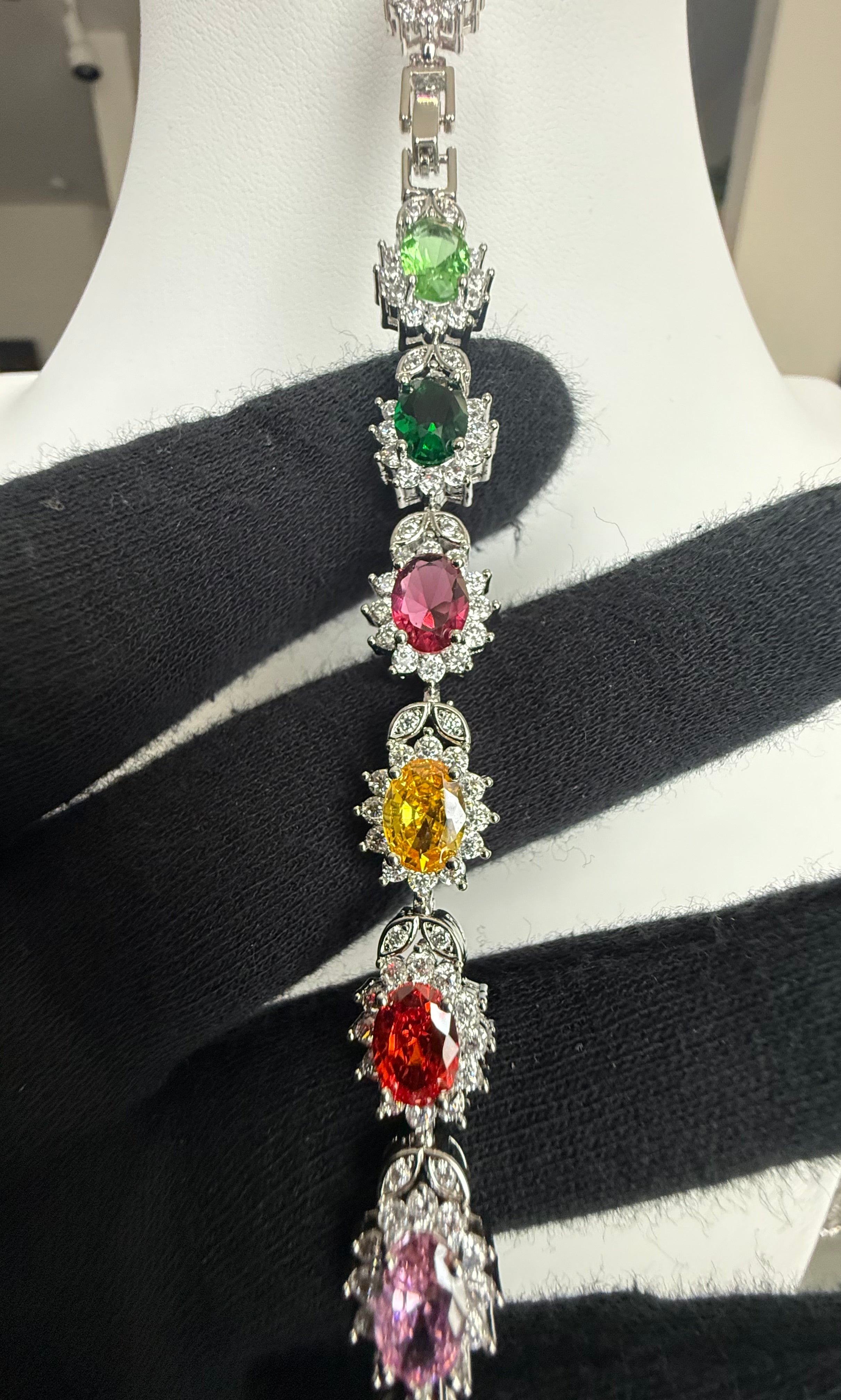 Multicolor Oval-Cut Crystal Halo Link Bracelet – Silver Tone Statement Jewelry 7140