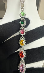 Multicolor Oval-Cut Crystal Halo Link Bracelet – Silver Tone Statement Jewelry 7140