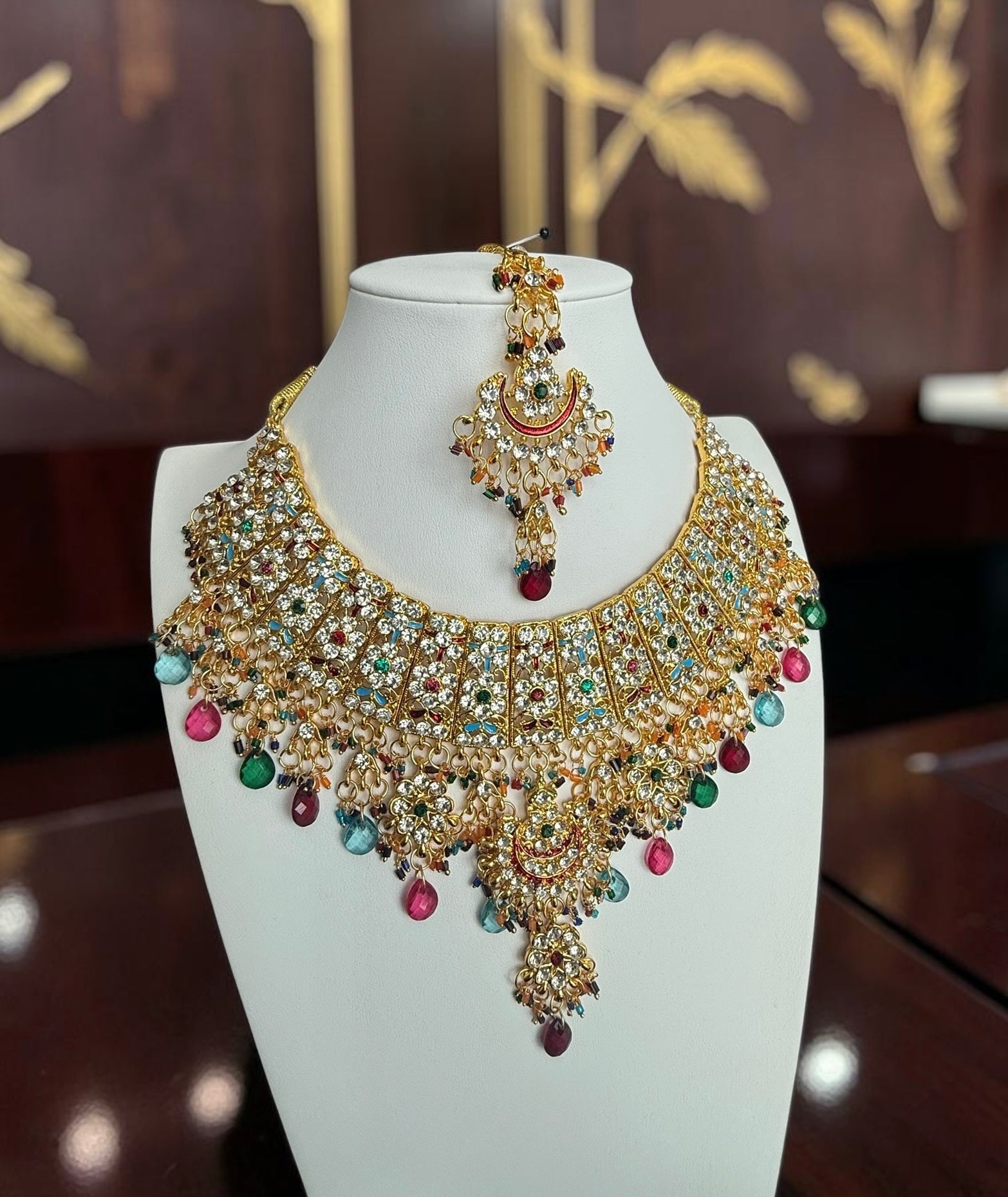 Multicolor Kundan Bridal Jewelry Set – Gold Tone Indian Pakistani Afghan Wedding Necklace Set with Earrings & Maang Tikka | Jewelry Gift Box Included 7015