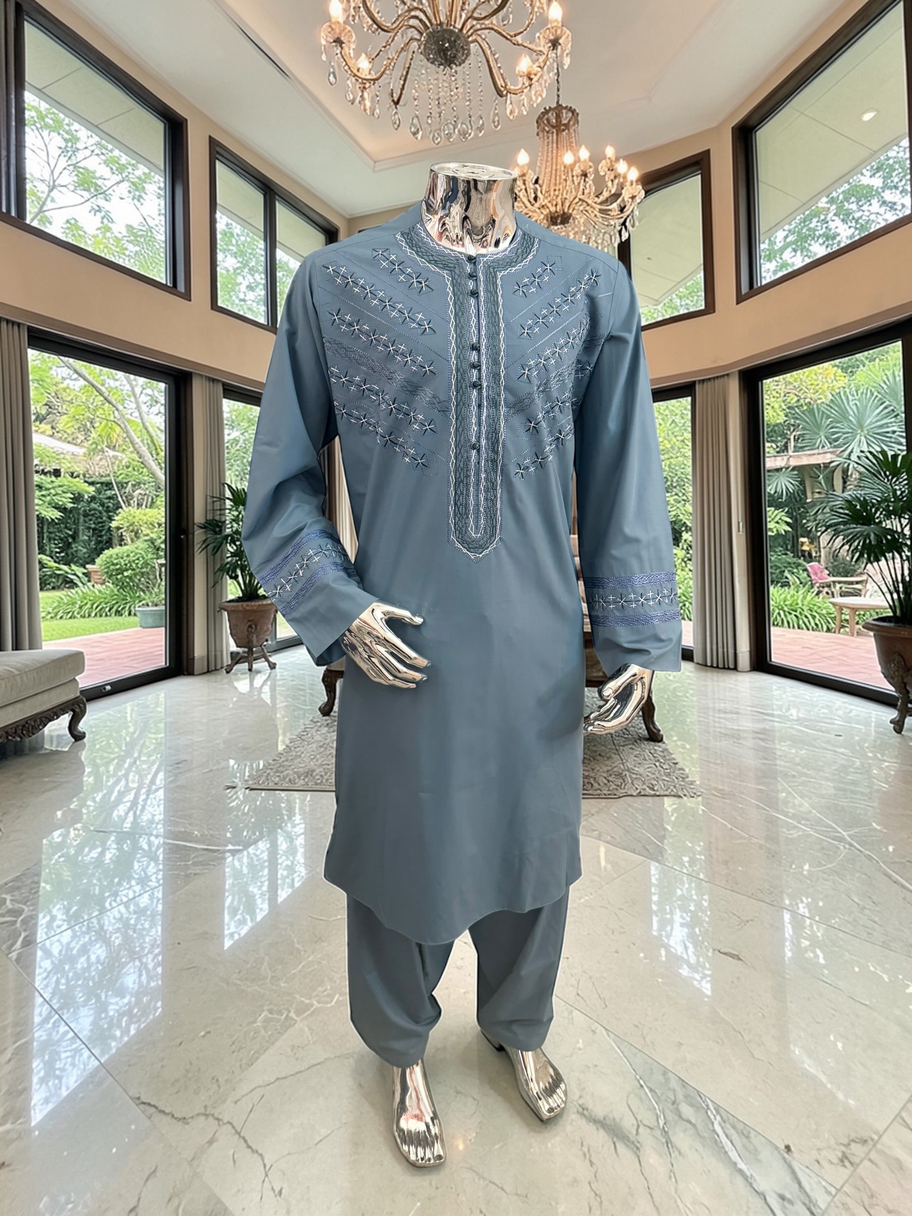 X-Large Teal Afghan Parahan Tunban with Hand Embroidery Traditional Men’s Outfit