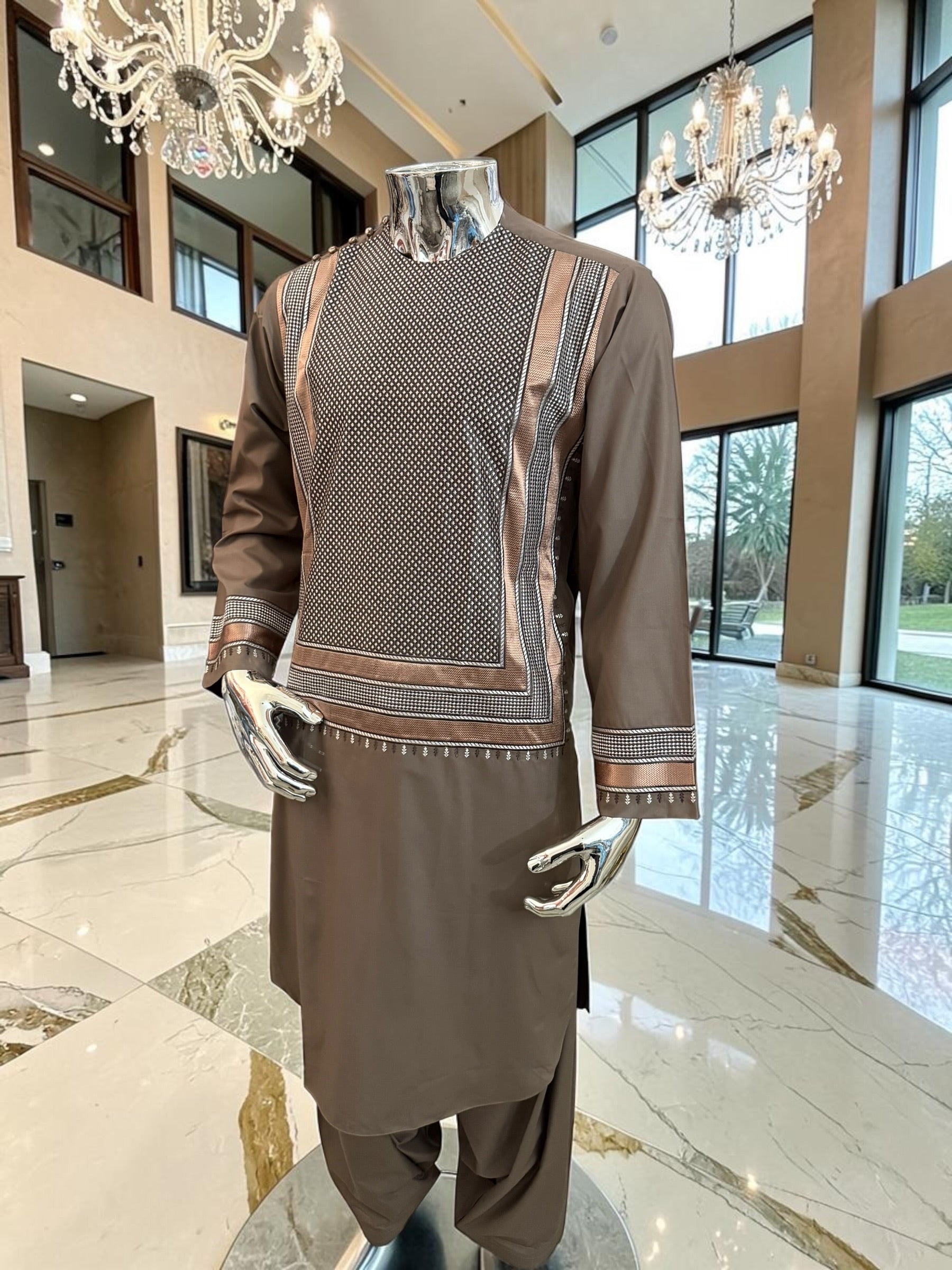 Small Taupe Brown Embroidered Men’s Parahan Tunban Yakhandozi – Premium Traditional Kandahari Yakhan