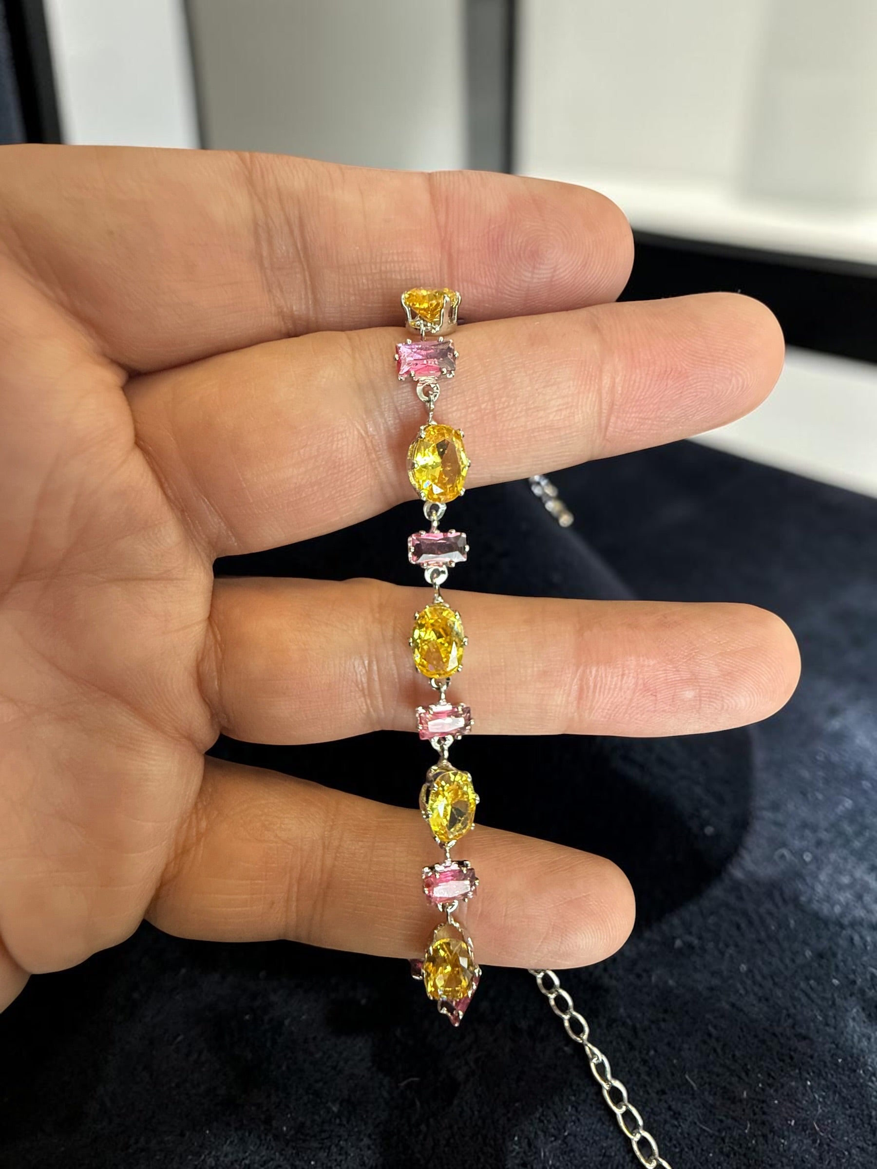 Yellow & Pink Crystal Tennis Bracelet – Silver Tone Oval & Emerald Cut Stone Bracelet for Women 7066