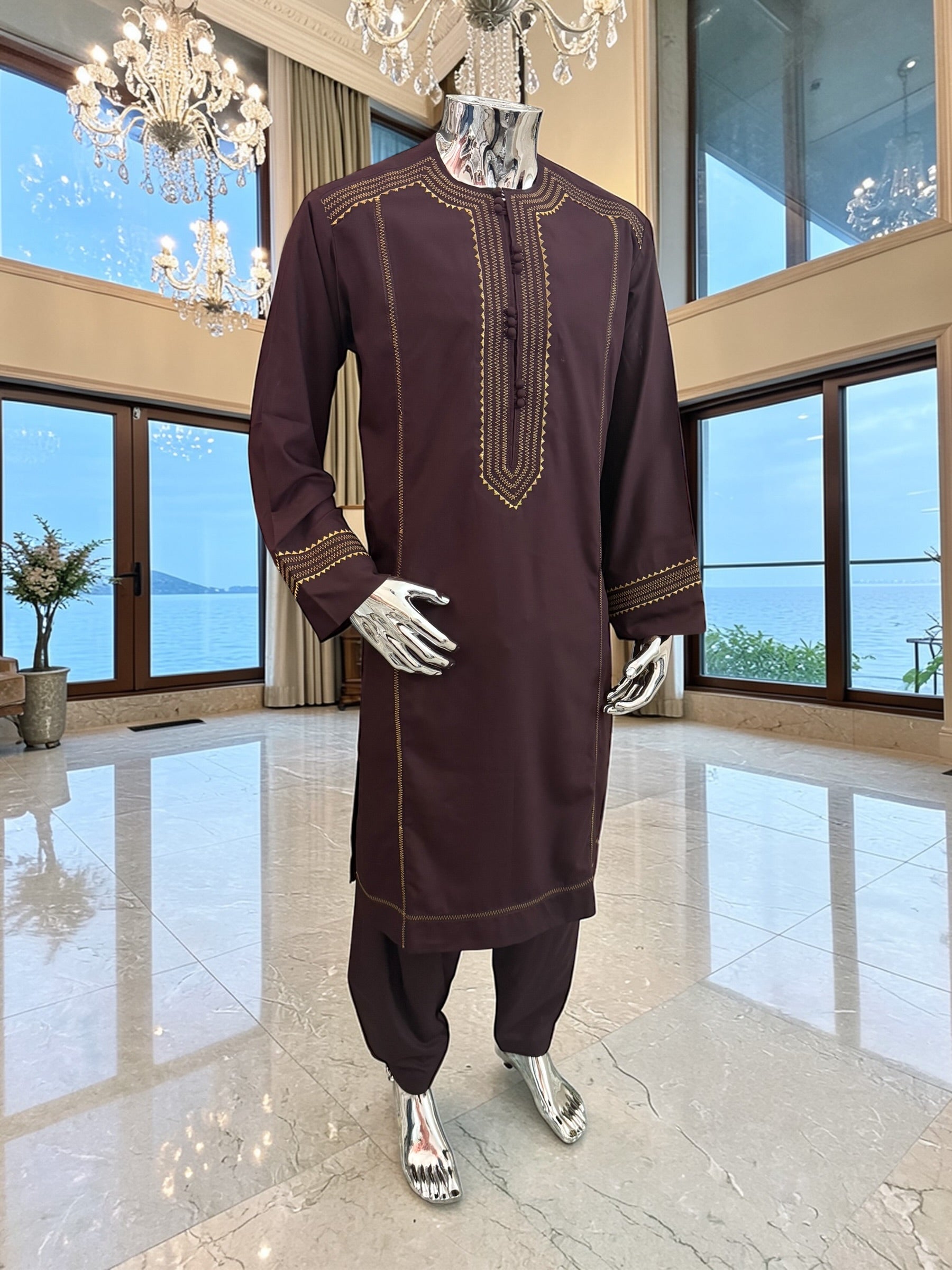 Large Afghan Parahan Tunban with Traditional Embroidery – Deep Plum