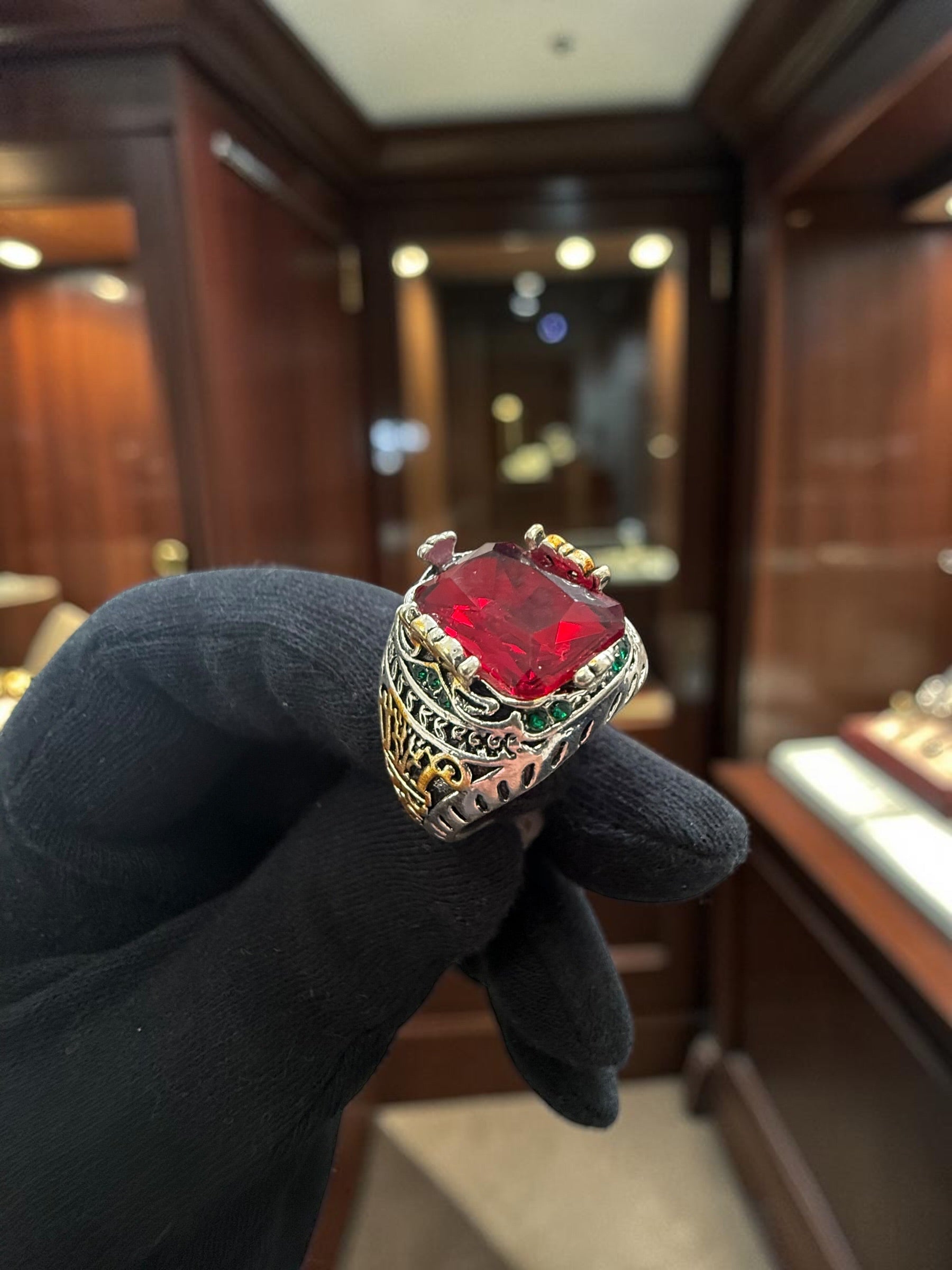 Vintage Turkish Inspired Signet Ring with Cubic Zirconia Stone – Silver Plated Two-Tone Men’s & Unisex Statement Ring – Available in Black, Green, Red, Gold, Navy & Blue