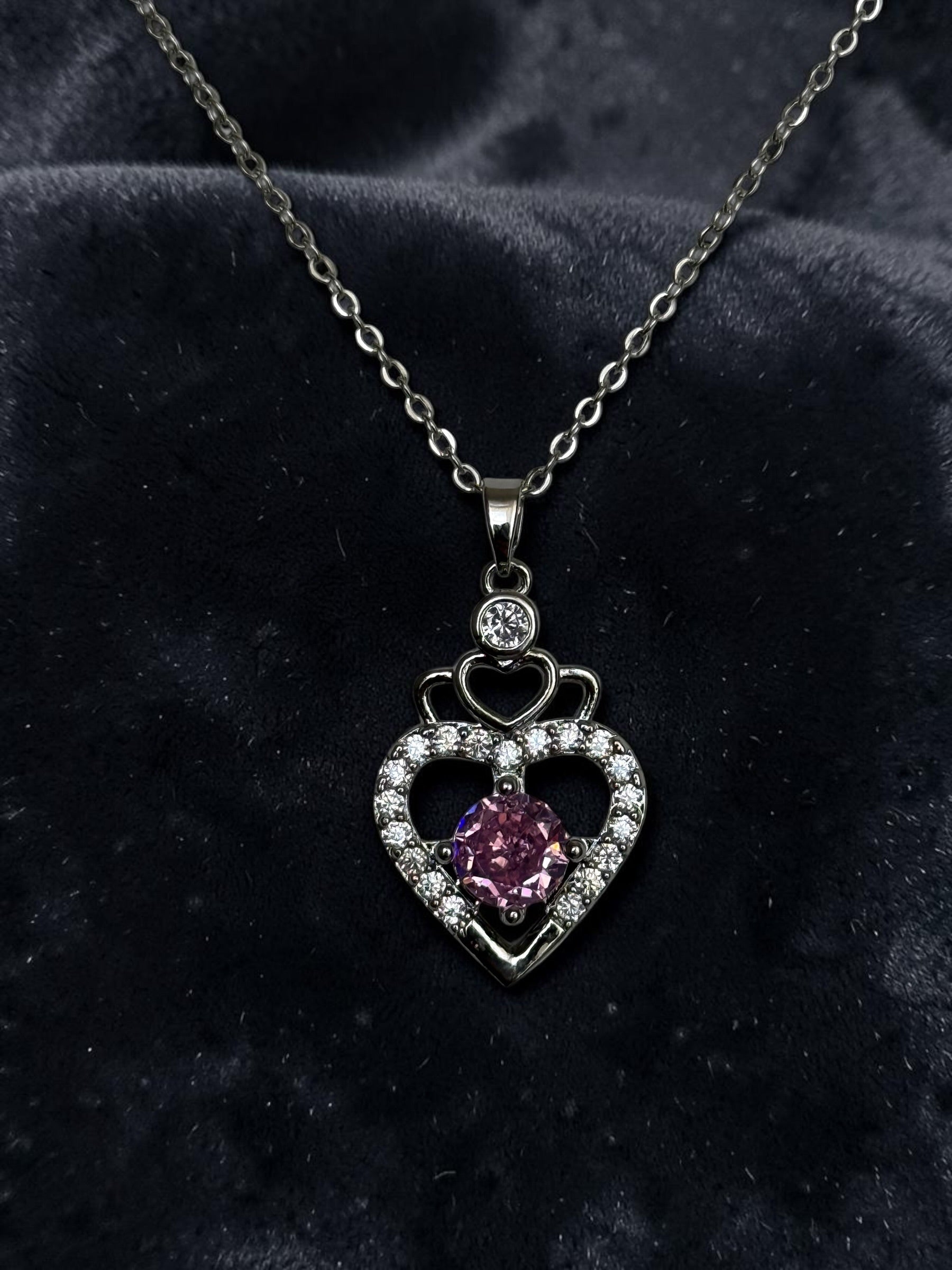 Pink Heart Pendant Necklace – Silver Tone Sparkling Stone Love Necklace for Women 7065