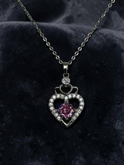 Pink Heart Pendant Necklace – Silver Tone Sparkling Stone Love Necklace for Women 7065