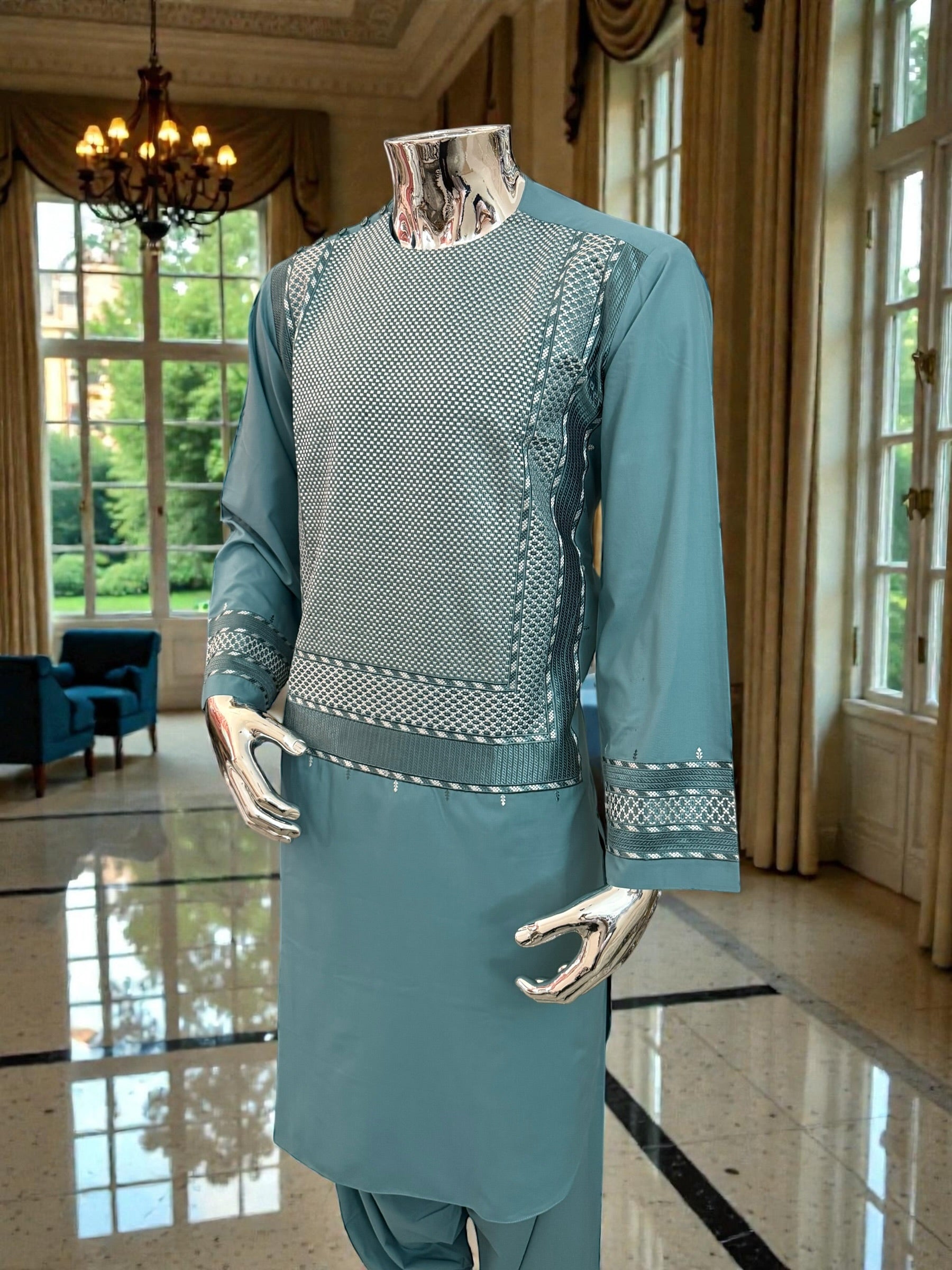 Men’s Teal Kameez with White and Teal Machine Embroidery – Medium Size | Premium Afghan Traditional Wear