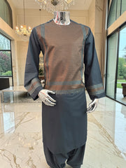 Large Men’s Charcoal Gray Parahan Tunban – Premium Copper Machine Embroidery Afghan Outfit